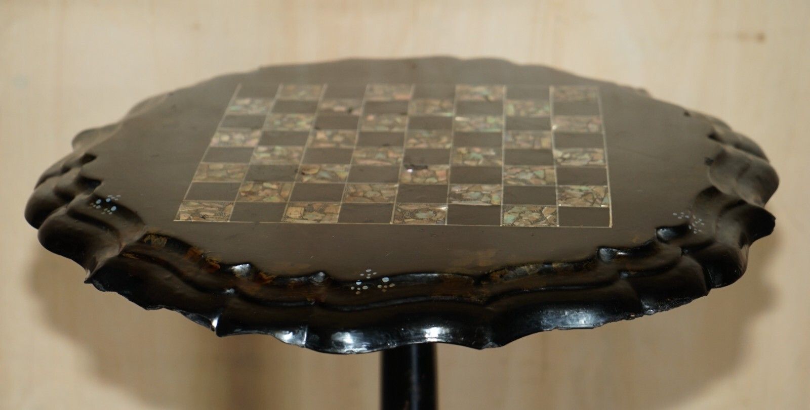 Stunning Antique Victorian 1860 Black Lacquer Mother Of Pearl Chess Games Table photo for sale