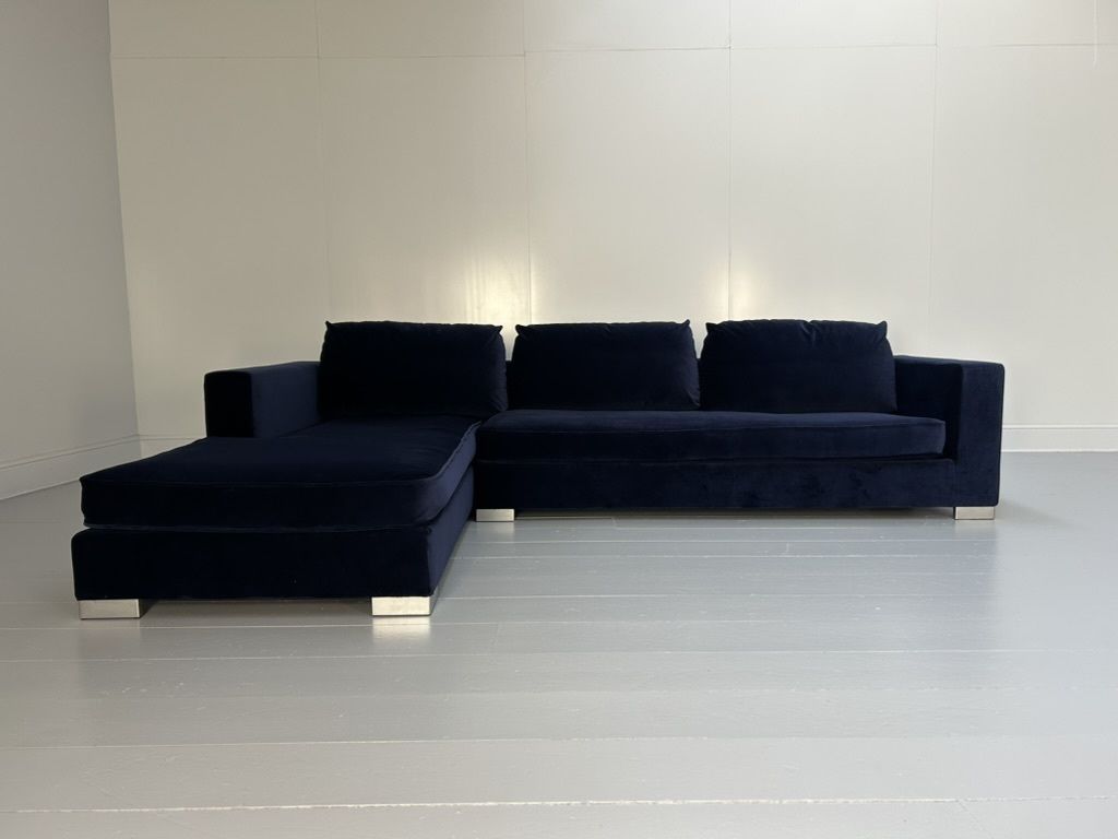 photo buy Ligne Roset “Rive Gauche” 3 Seat Sofa & Ottoman – In Midnight Blue Velvet