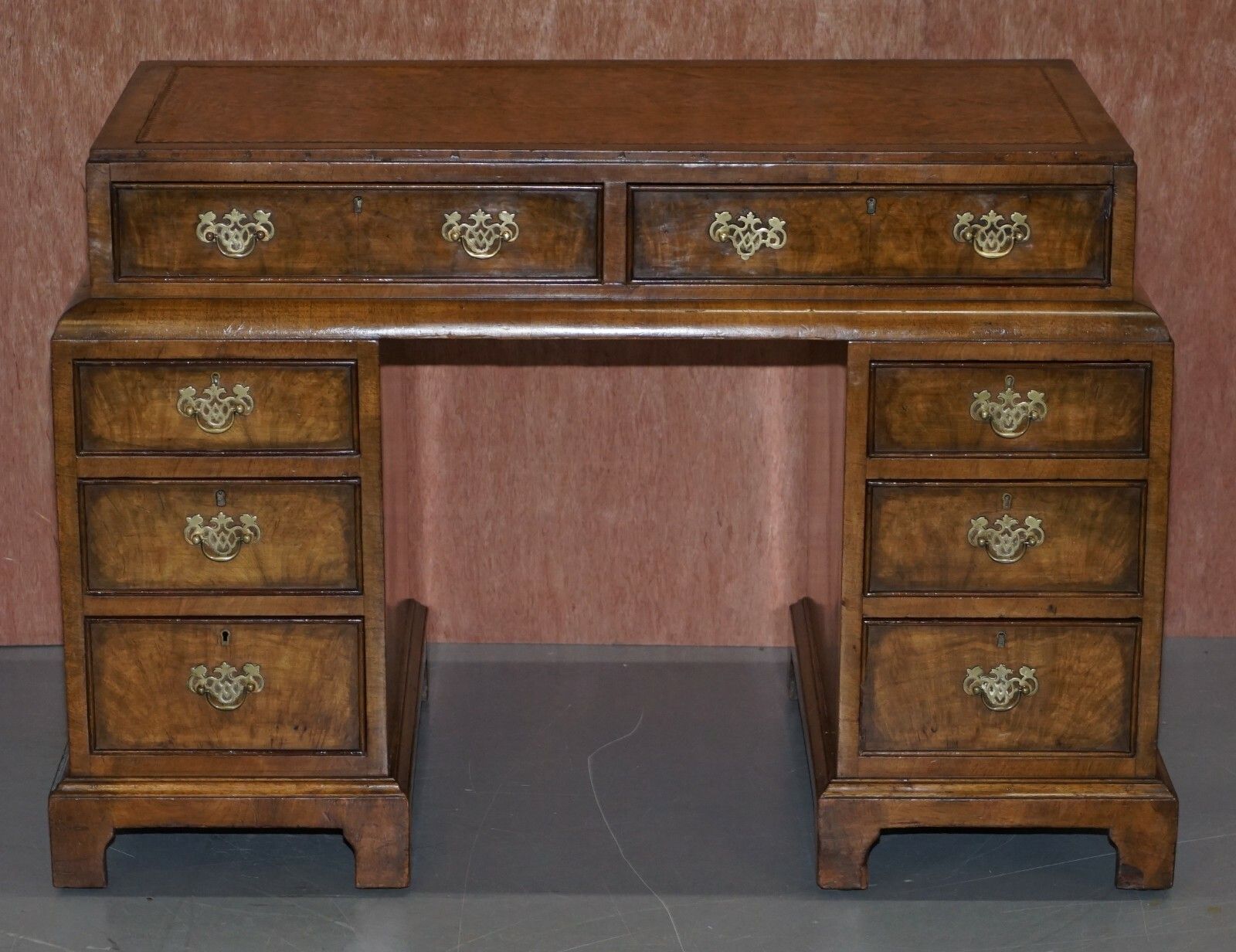 Late Victorian Burl Walnut Cushion Curve Pedestal Desk Brown Leather Surface photo furniture