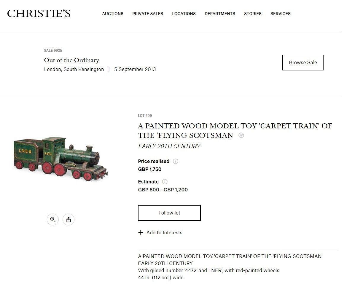 Christie's 1910 Scratch Built Child's Pull Along Flying Scotsman Lner 4472 Train photo furniture