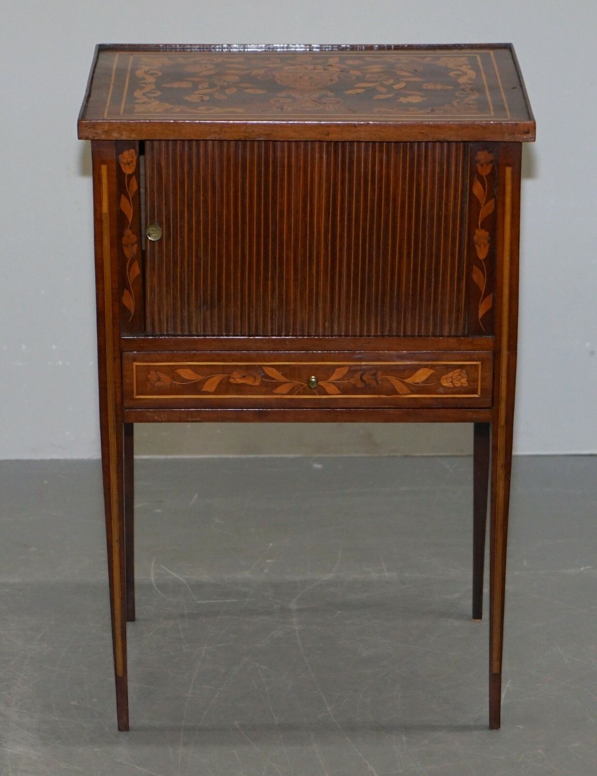 Rare 19th Century Dutch Marquetry Inlaid Side Table With Tambour Fronted Door photo for sale