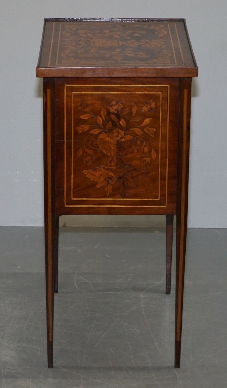 photo furniture Rare 19th Century Dutch Marquetry Inlaid Side Table With Tambour Fronted Door