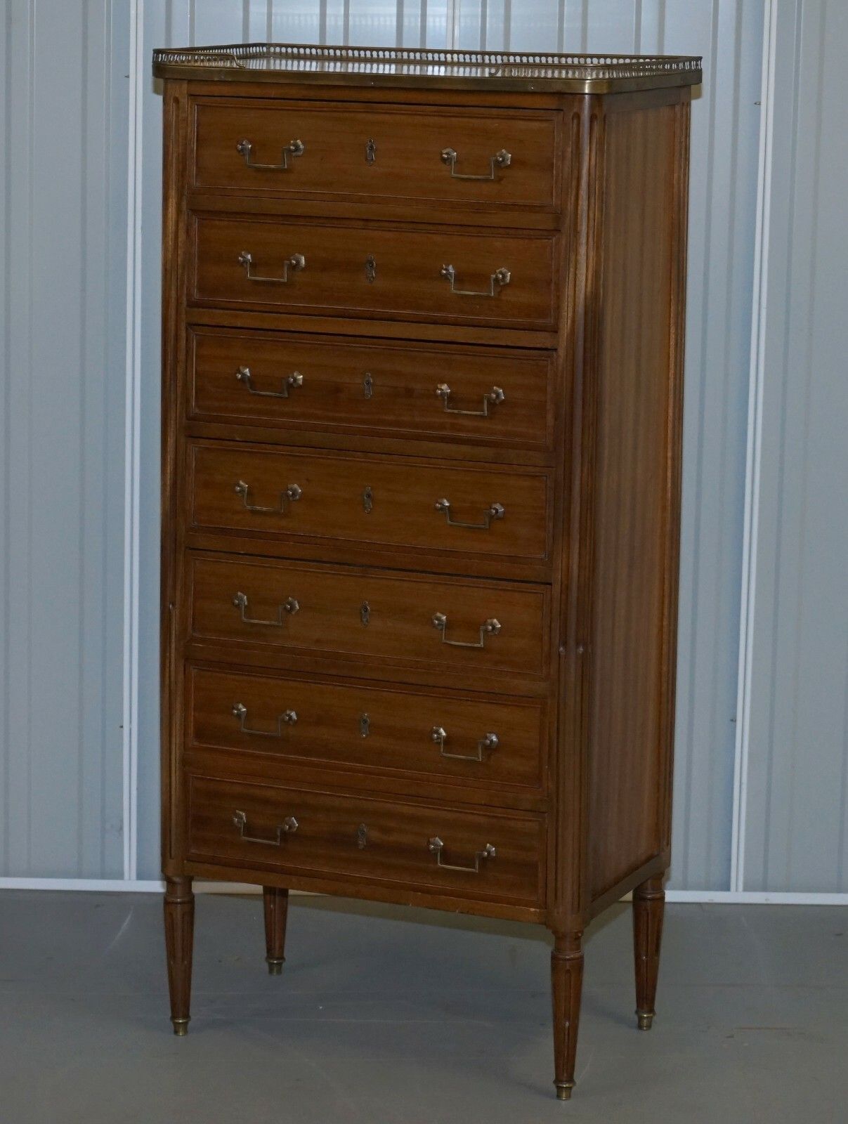 Rare 19th Century French Marble Topped Brass Gallery Semainier Chest Of Drawers photo for sale