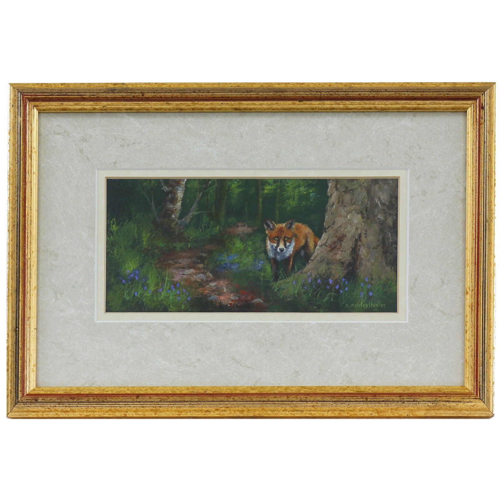 Oil On Board Behind Glass By Gordon Ashley Hunter. Fox And Bluebells.