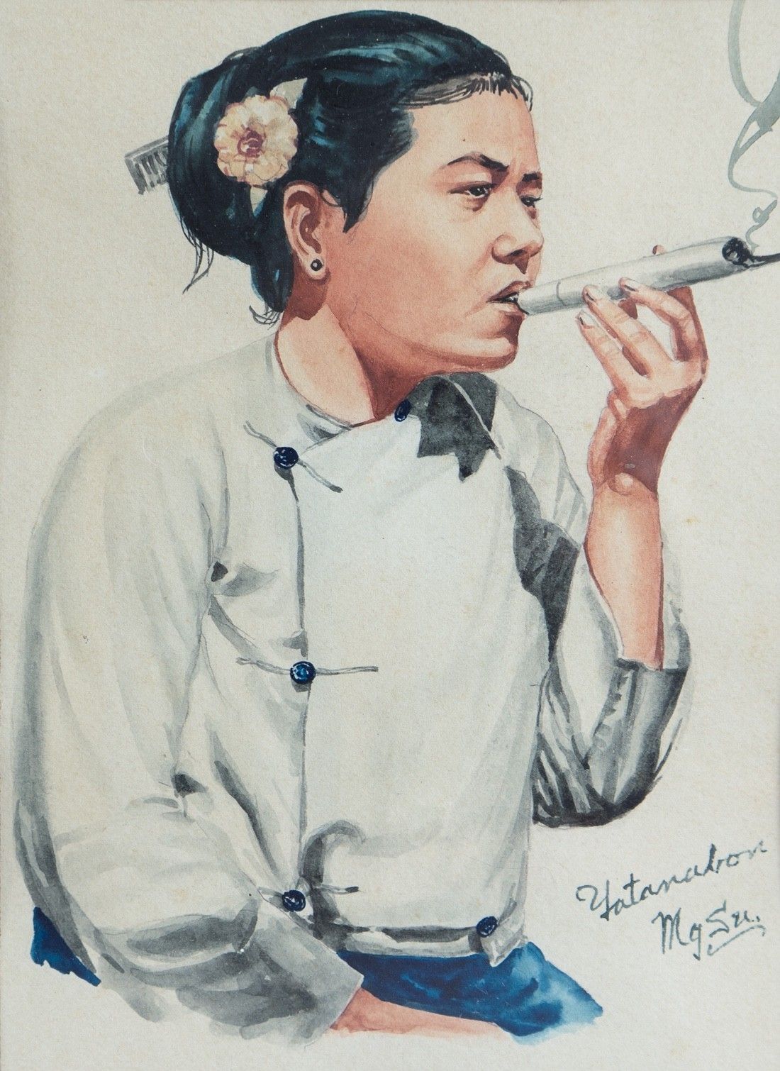 Portrait Of A Woman Smoking By Yatanabon Maung Su, Original Watercolour Painting photo furniture