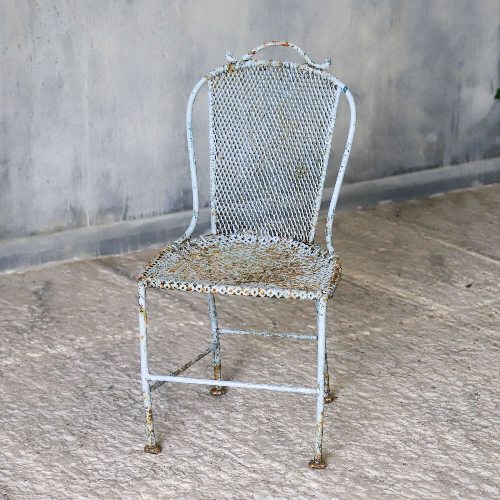 19th C French Wrought Iron Child’s Chair, Late 1800s   Original Soft Blue Paint photo for sale