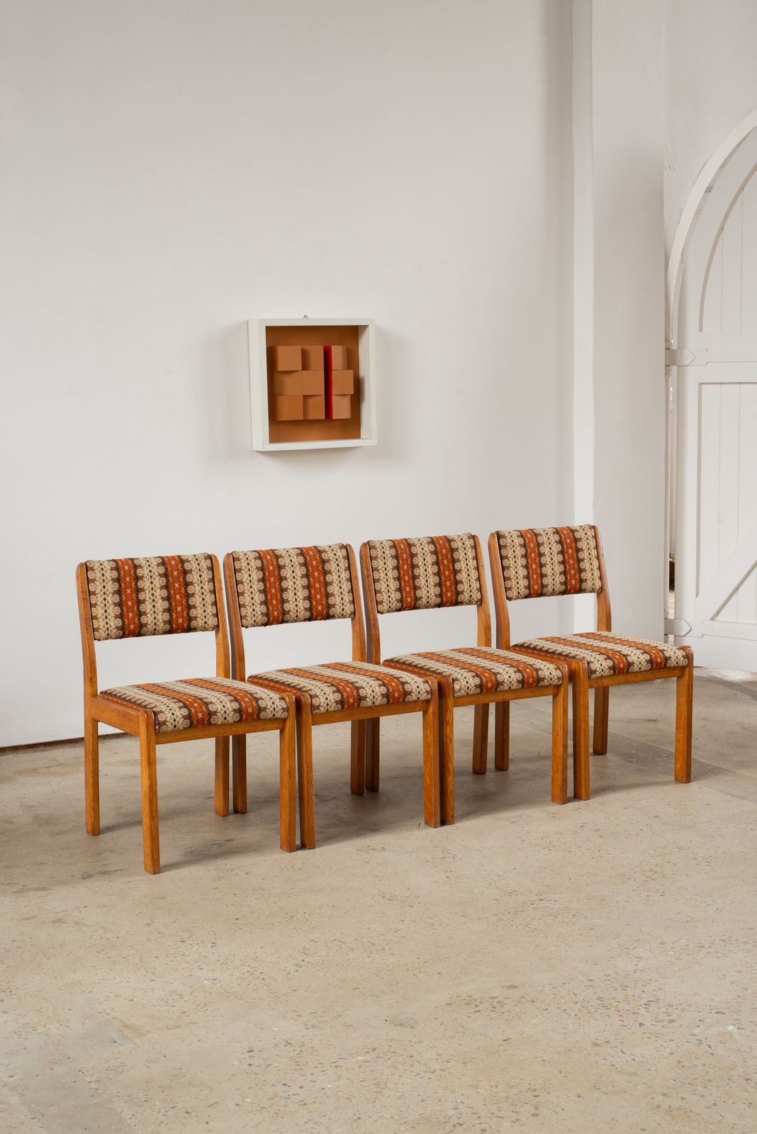 Set Of 4 Pine Chairs With Original Wool Upholstery, C1960