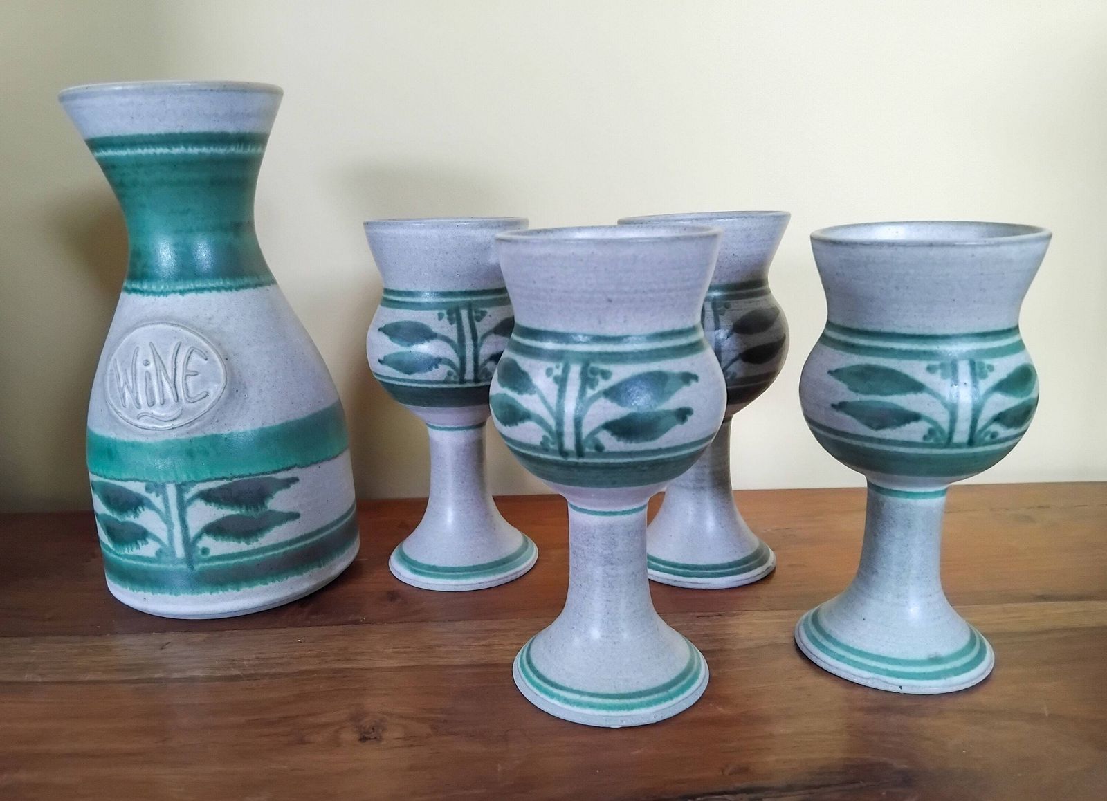 Vintage Stoneware Wine Carafe And 4 Goblets With Matte Glaze And Green Leaf Design, 1970s.