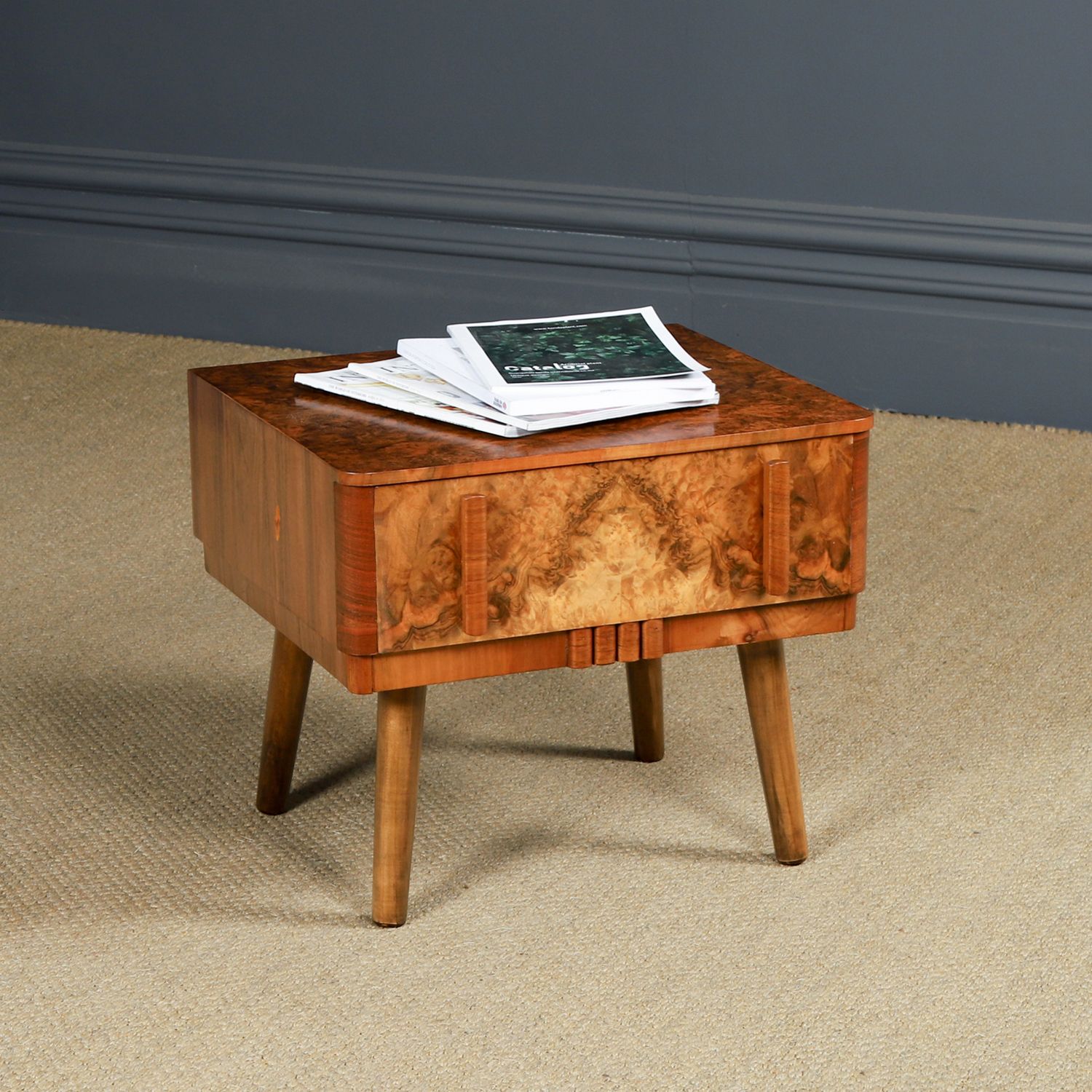 Small English Art Deco Burr Walnut Bedside / Side / Lamp Table With Drawer (Circa 1930)