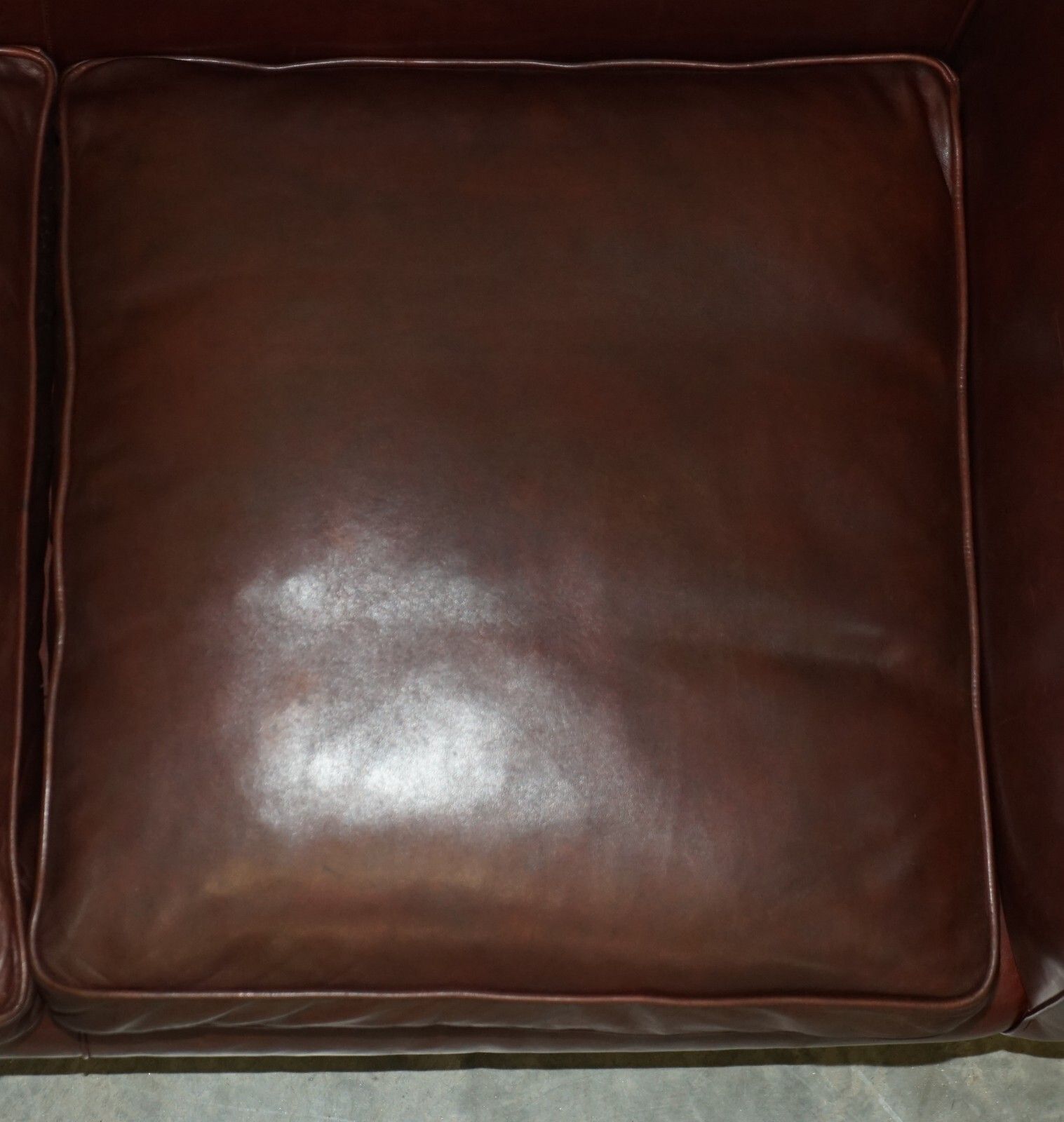 photo vintage Vintage Hand Dyed Brown Leather Art Deco Three Seat Sofa Feather Filled Seat