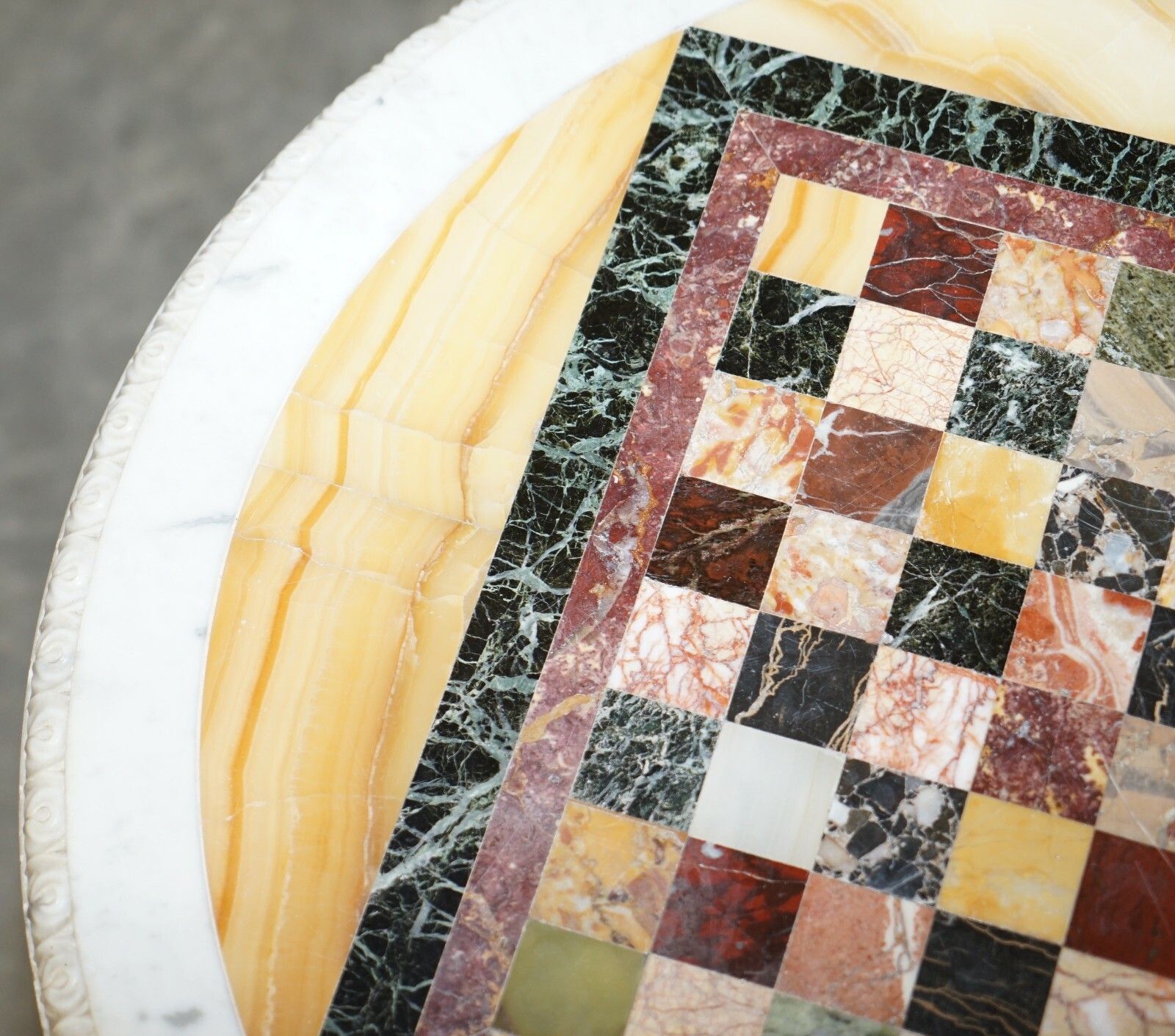 Antique Italian Circa 1880 Pietra Dura Marble Chess Table Ornate Mahogany Base photo vintage
