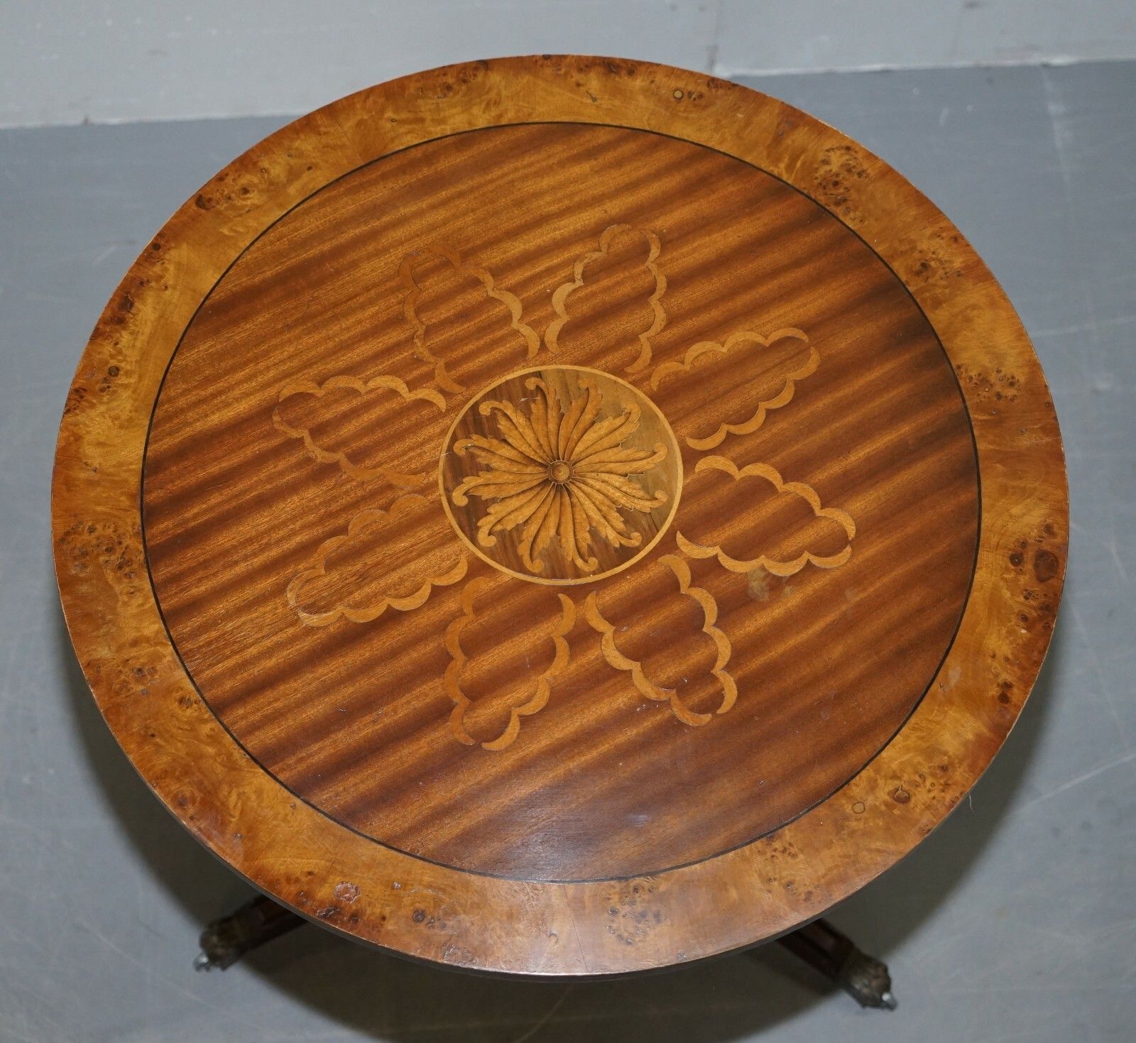 Furniture Sublime Pair Of Burr Walnut Marquetry Inlay Large Side Tables Lion Paw Castors photo