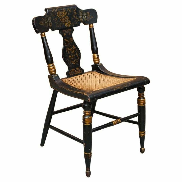 Important Circa 1825 Georgian Baltimore Ebonised Painted Gilt Bergere Side Chair