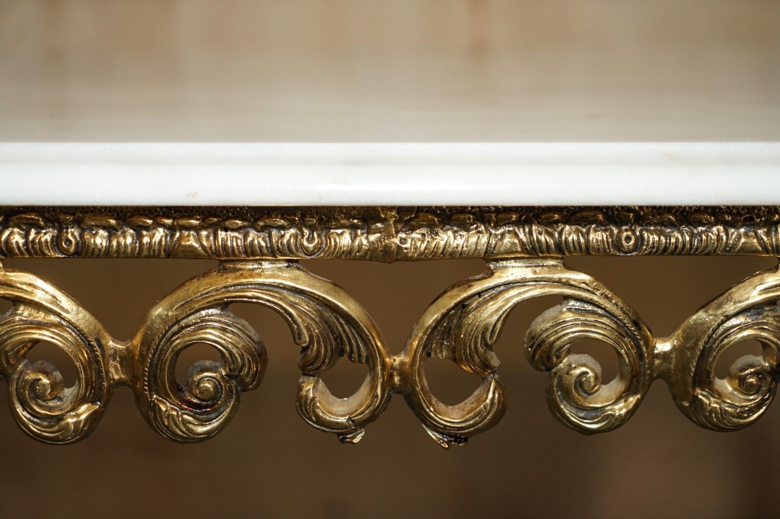 Antique Italian Brass & Carrara Marble Coffee Table Circa 1880 Thick Cut Top photo vinterior