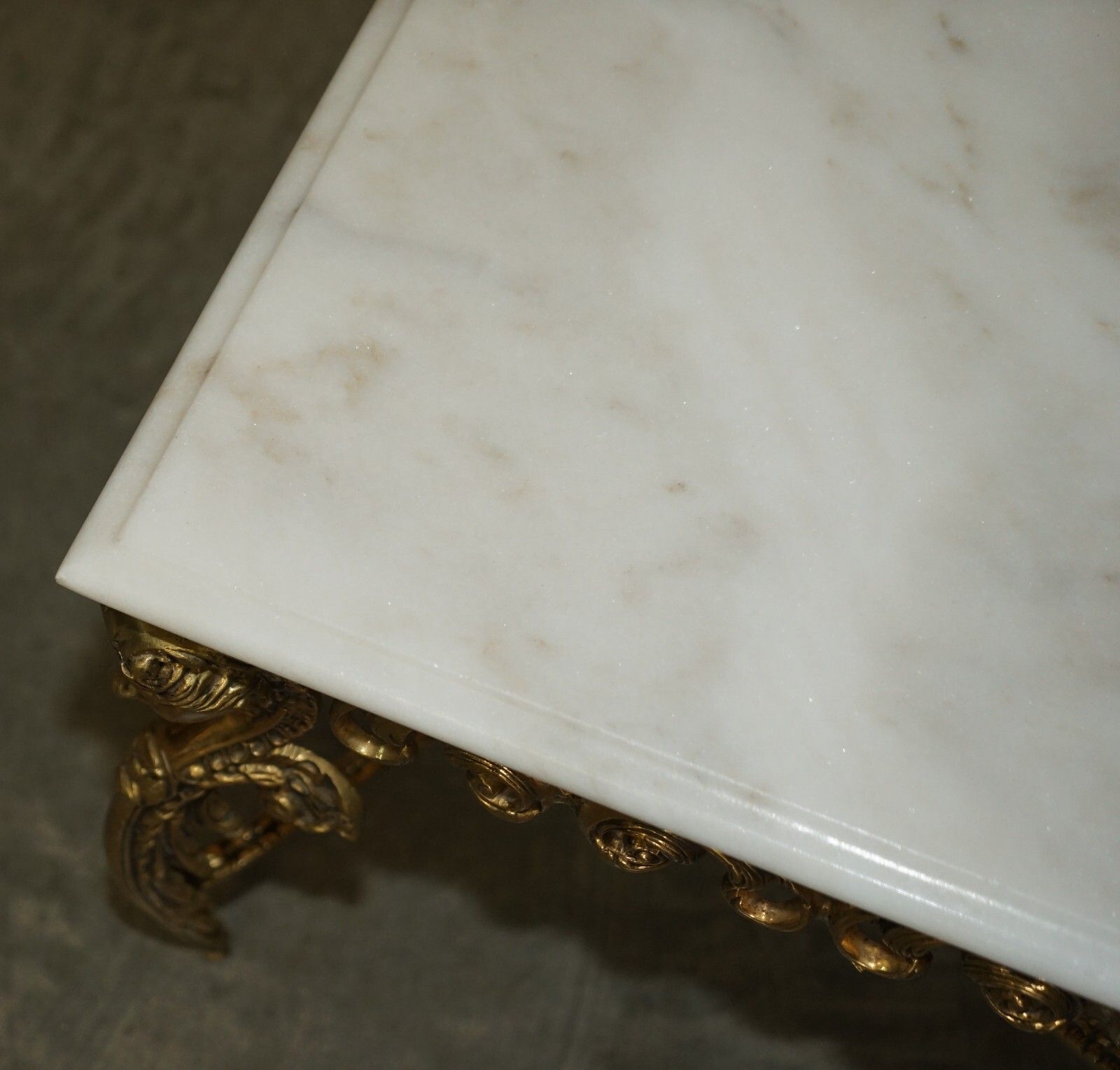 photo for sale Antique Italian Brass & Carrara Marble Coffee Table Circa 1880 Thick Cut Top
