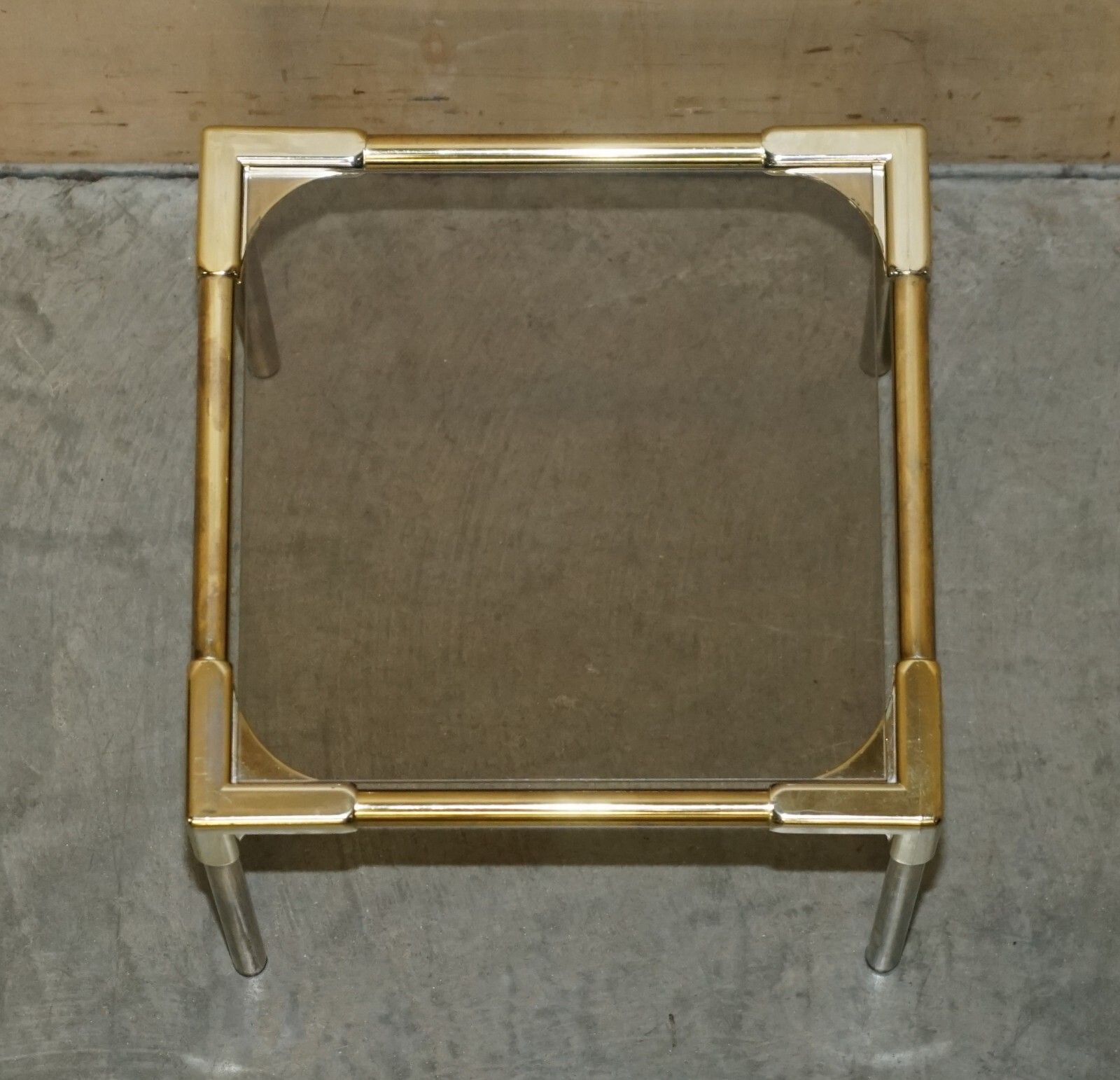 Furniture Mid Century Modern Brass & Smoked Glass Coffee Table & Pair Of Side Nest Tables photo