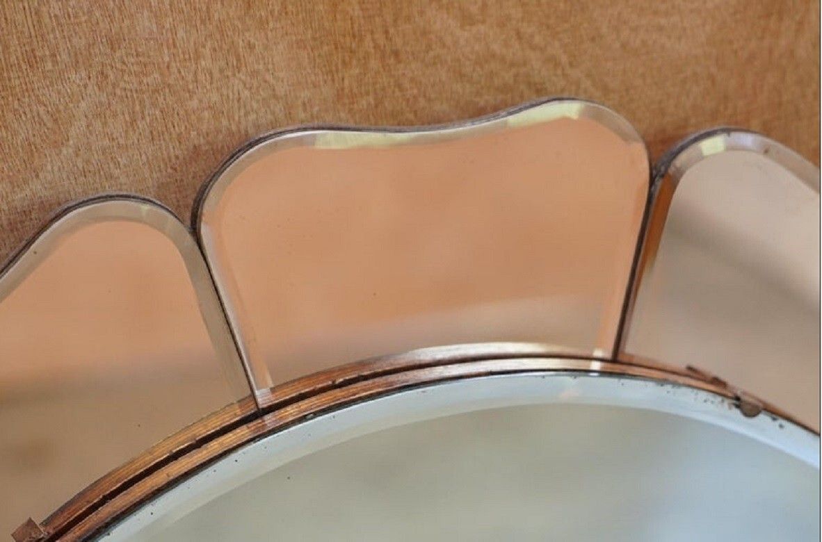 Large Sublime 1930's Art Deco Peach Glass Bevelled Venetian Round Petal Mirror photo 2000.0