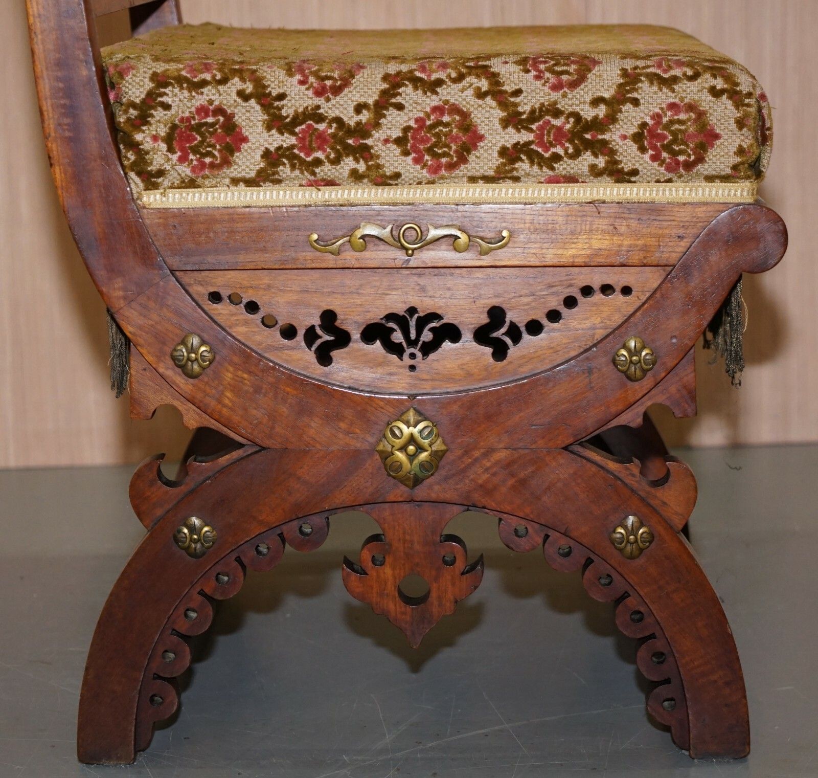 Rare Set Of Six Gothic Revival Ornately Carved Walnut Gilt Metal Fittings Chairs photo vintage