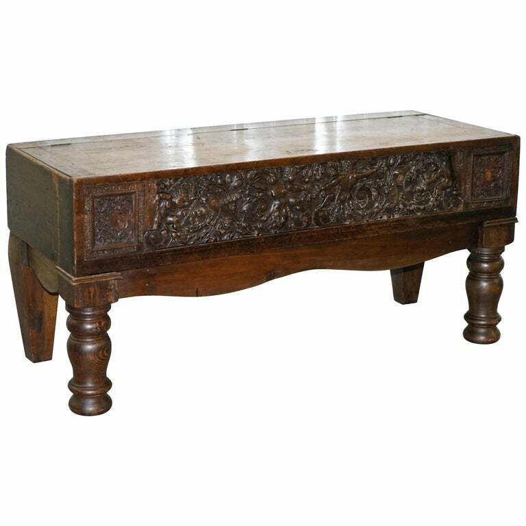 Very Rare Circa 1720 Trunk Chest Coffer On Stand Sideboard Carved Cherub Figures