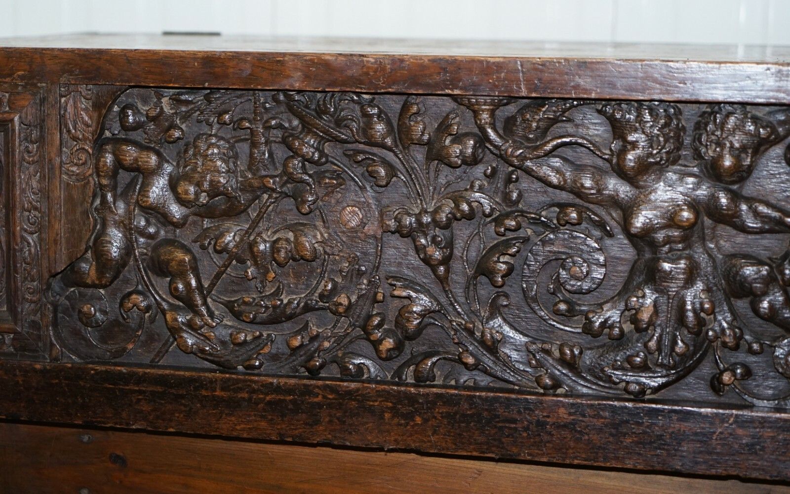 photo for sale Very Rare Circa 1720 Trunk Chest Coffer On Stand Sideboard Carved Cherub Figures