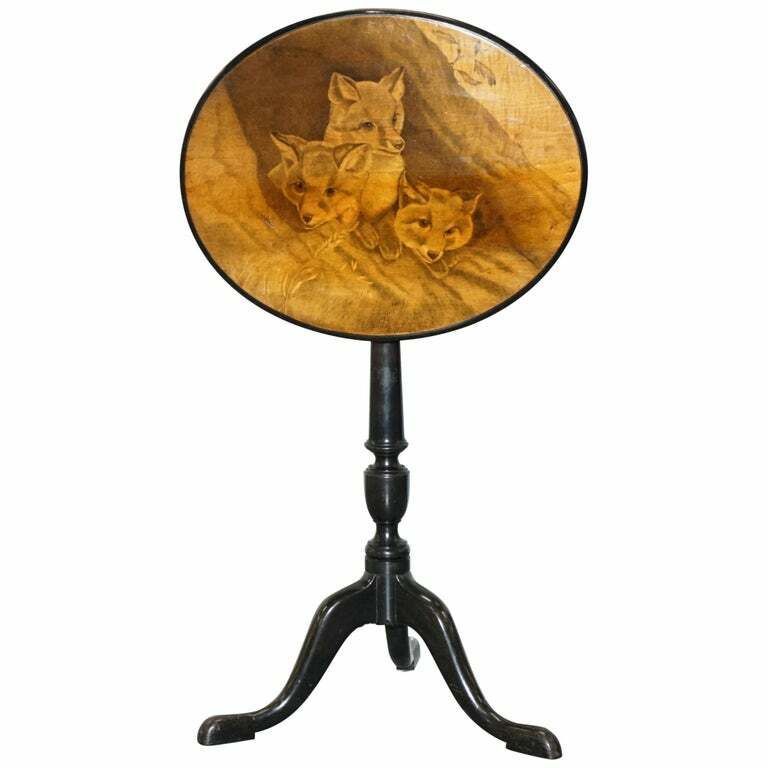 Very Rare Victorian Tilt Top Ebonised Table With Pen Work Drawings Of Fox Cubs