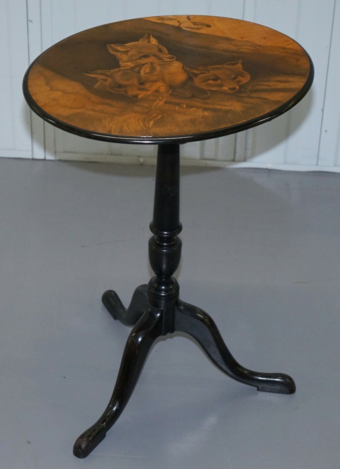 Very Rare Victorian Tilt Top Ebonised Table With Pen Work Drawings Of Fox Cubs photo furniture