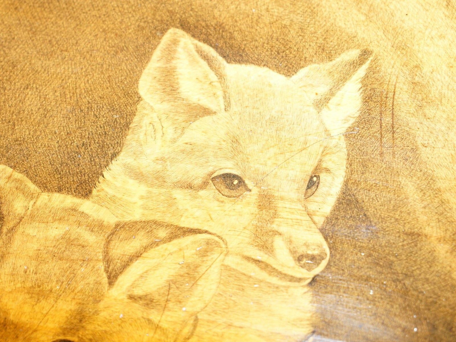 Furniture Very Rare Victorian Tilt Top Ebonised Table With Pen Work Drawings Of Fox Cubs photo