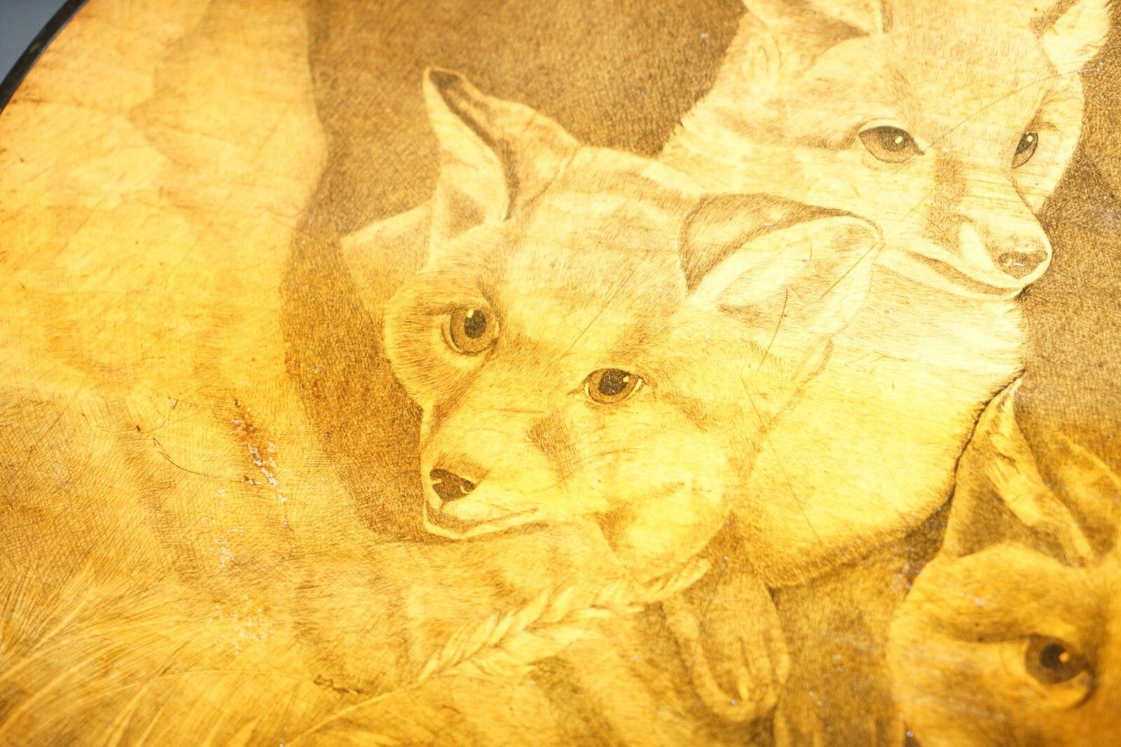 2162.0 Very Rare Victorian Tilt Top Ebonised Table With Pen Work Drawings Of Fox Cubs photo