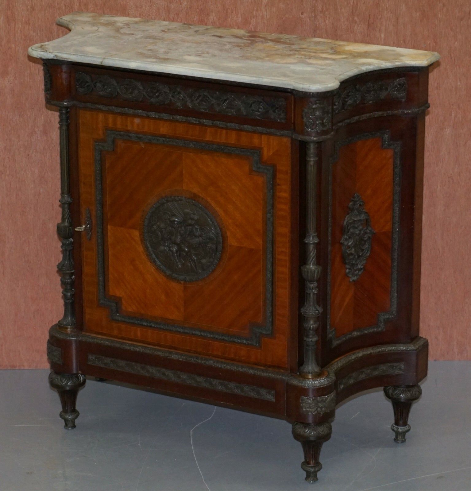 Rare 19th Century French Louis Walnut Sideboard Drawers Marble Top Bronze Mounts photo for sale
