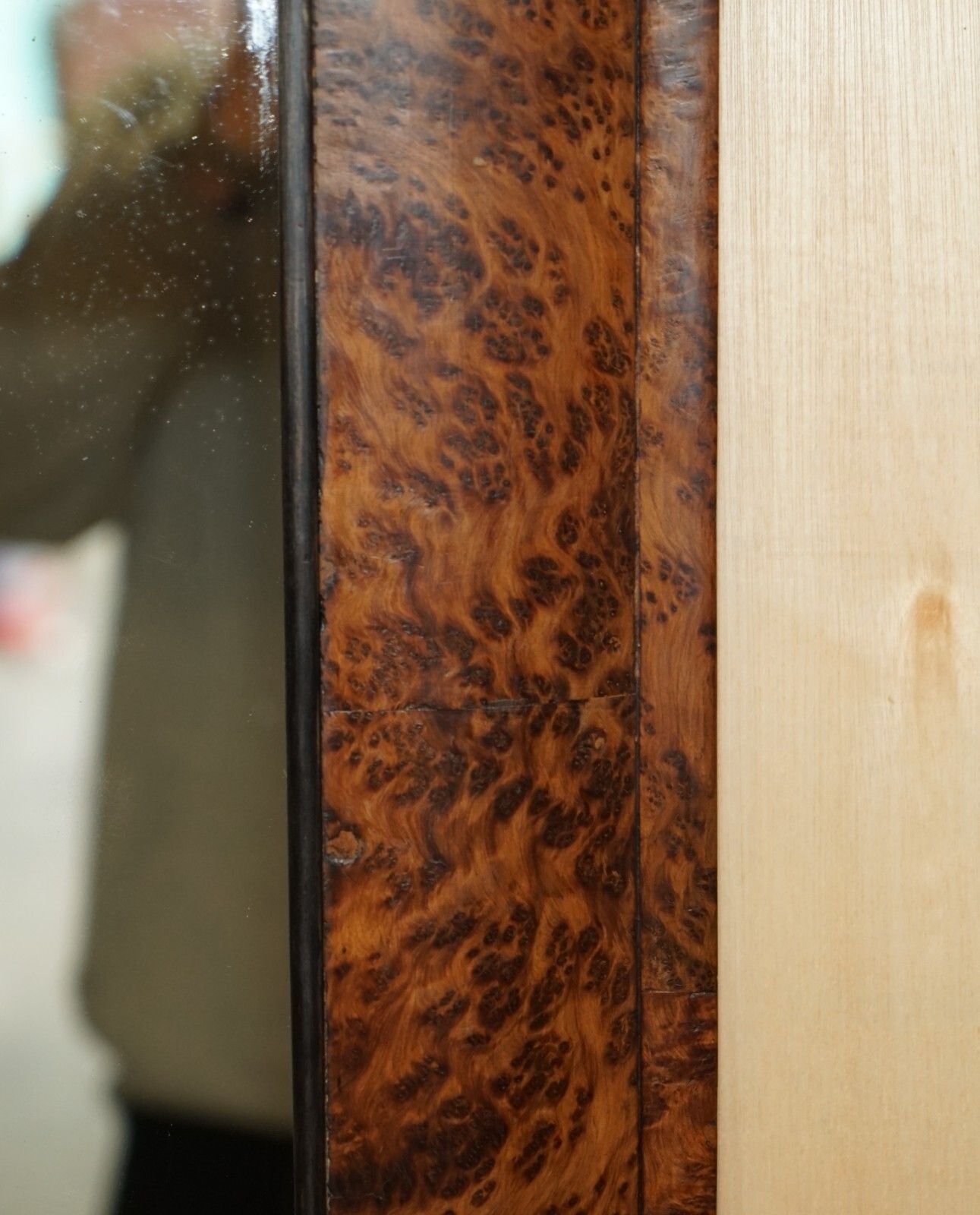photo for sale Antique Georgian Heavily Burr Burl Amboyna Cushion Framed Mirror Paneled Back