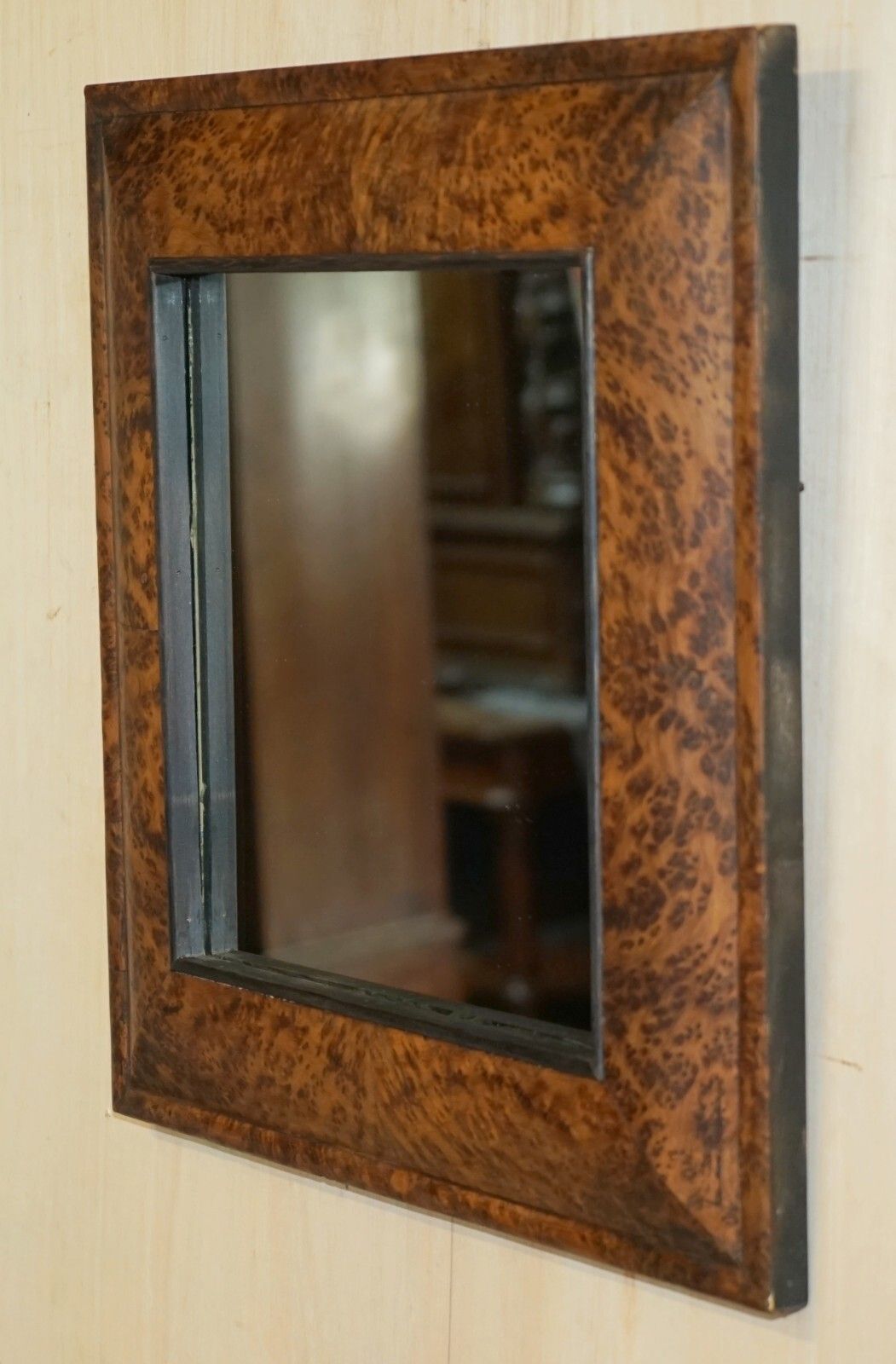 photo vinterior Antique Georgian Heavily Burr Burl Amboyna Cushion Framed Mirror Paneled Back