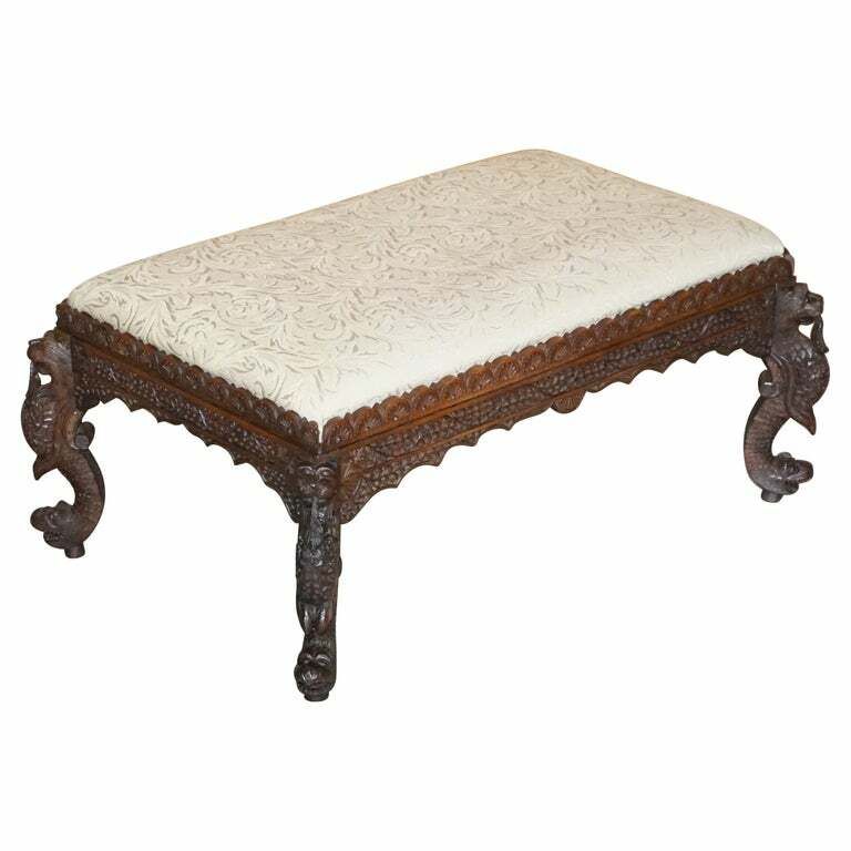 Fine Circa 1880 Antique Victorian Anglo Indian Burmese Carved Footstool Ottoman