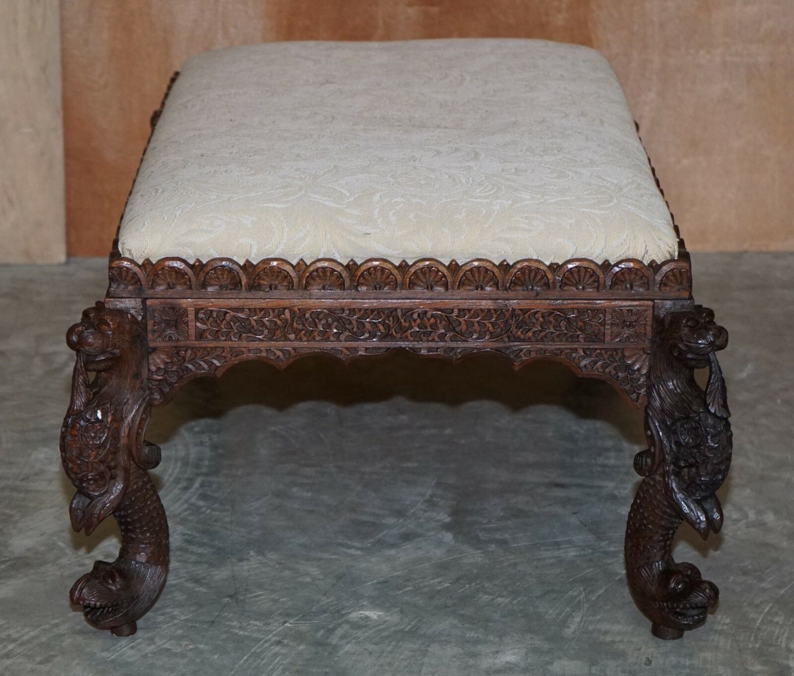 Fine Circa 1880 Antique Victorian Anglo Indian Burmese Carved Footstool Ottoman photo vintage