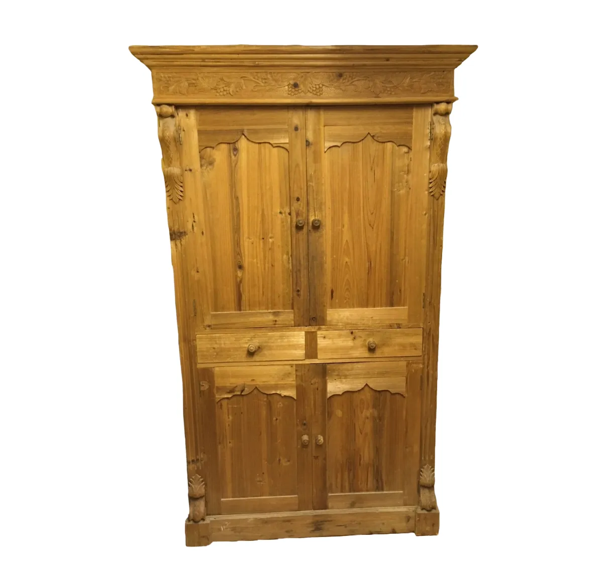 Antique Hand Carved Pine Armoire – 19th Century Folk Cabinet