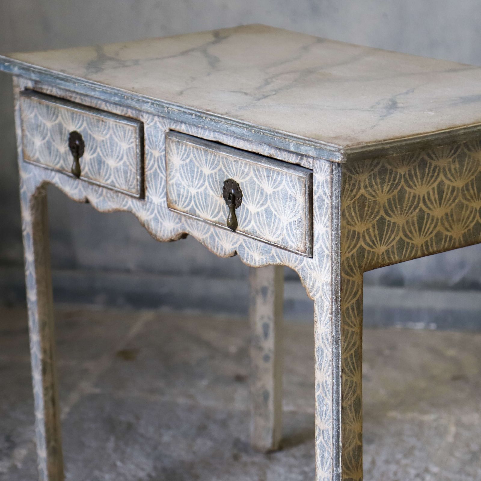 photo furniture Antique English Georgian 2 Drawer Lowboy Unique Hand Painted Faux Marble & Decorative Base