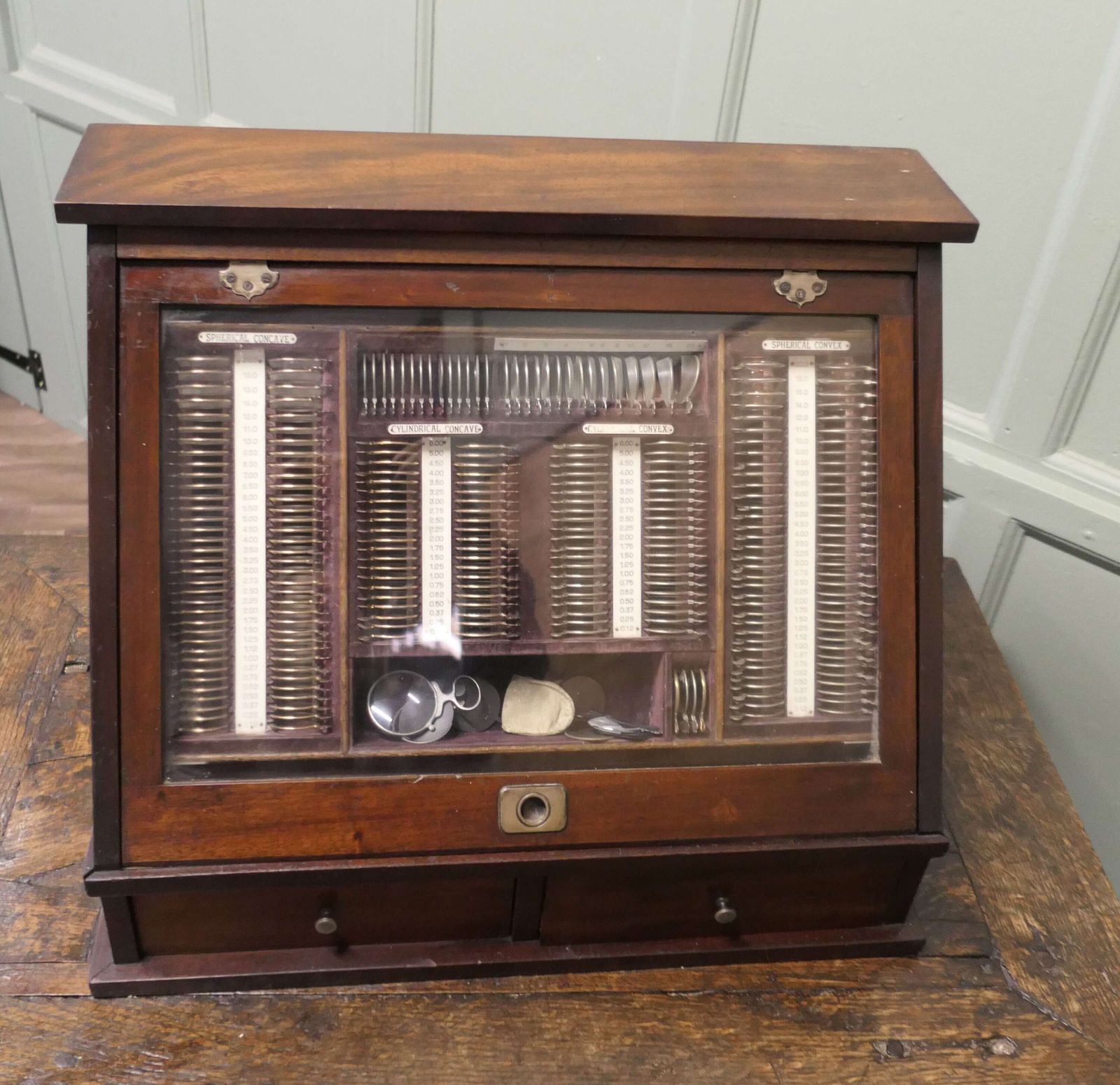 19th Century Optician Or Optometrist Test Glasses Lens Kit In Cabinet photo furniture