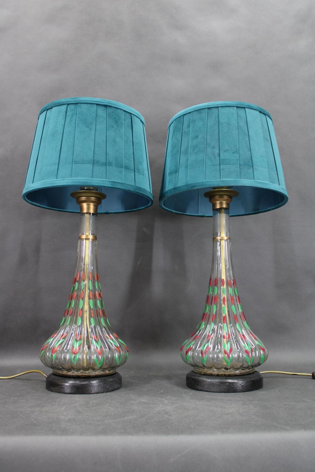 1960s Pair Of Hand Painted Glass Table Lamps With New Fabric Shade, Czechoslovak photo furniture