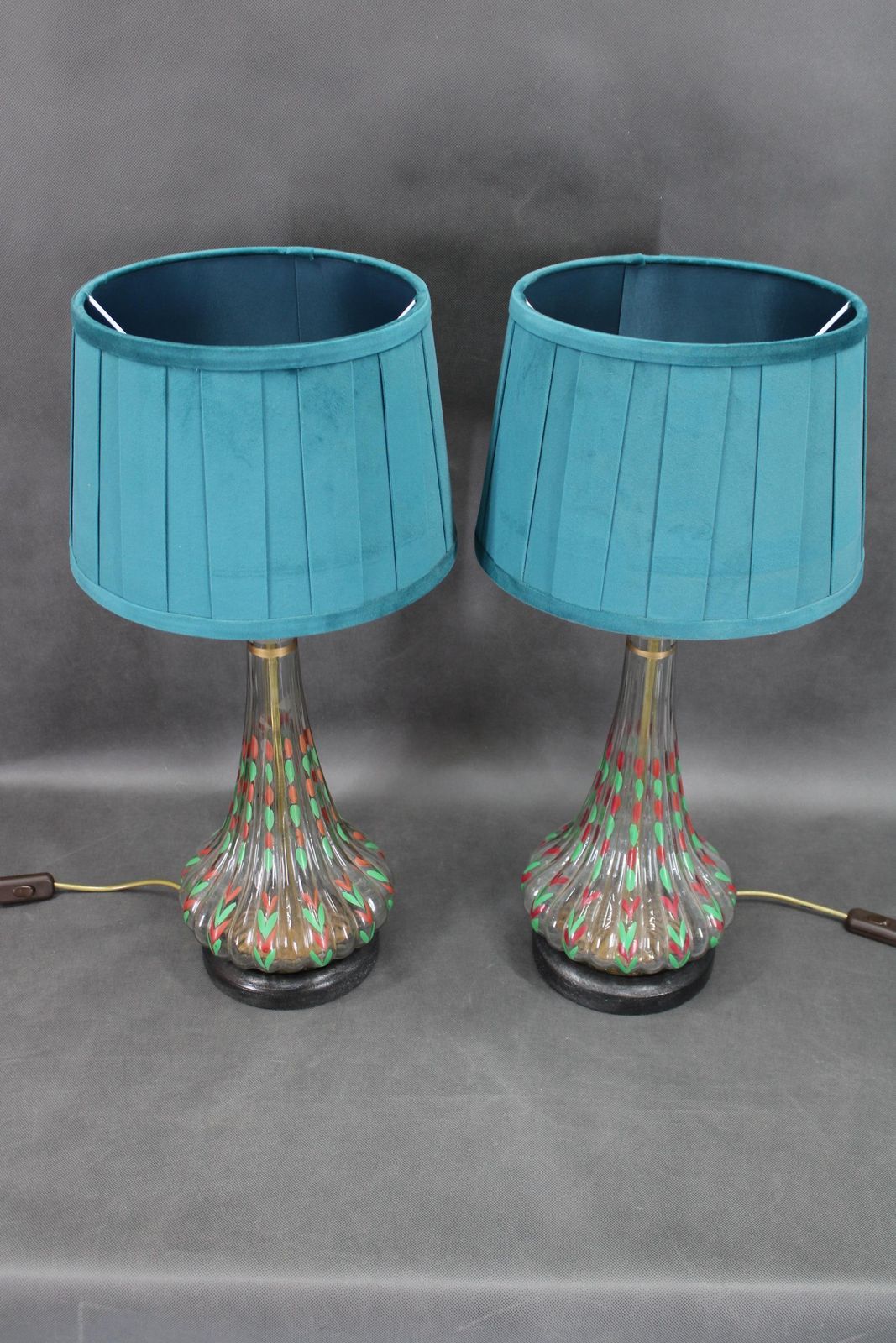 1960s Pair Of Hand Painted Glass Table Lamps With New Fabric Shade, Czechoslovak photo for sale
