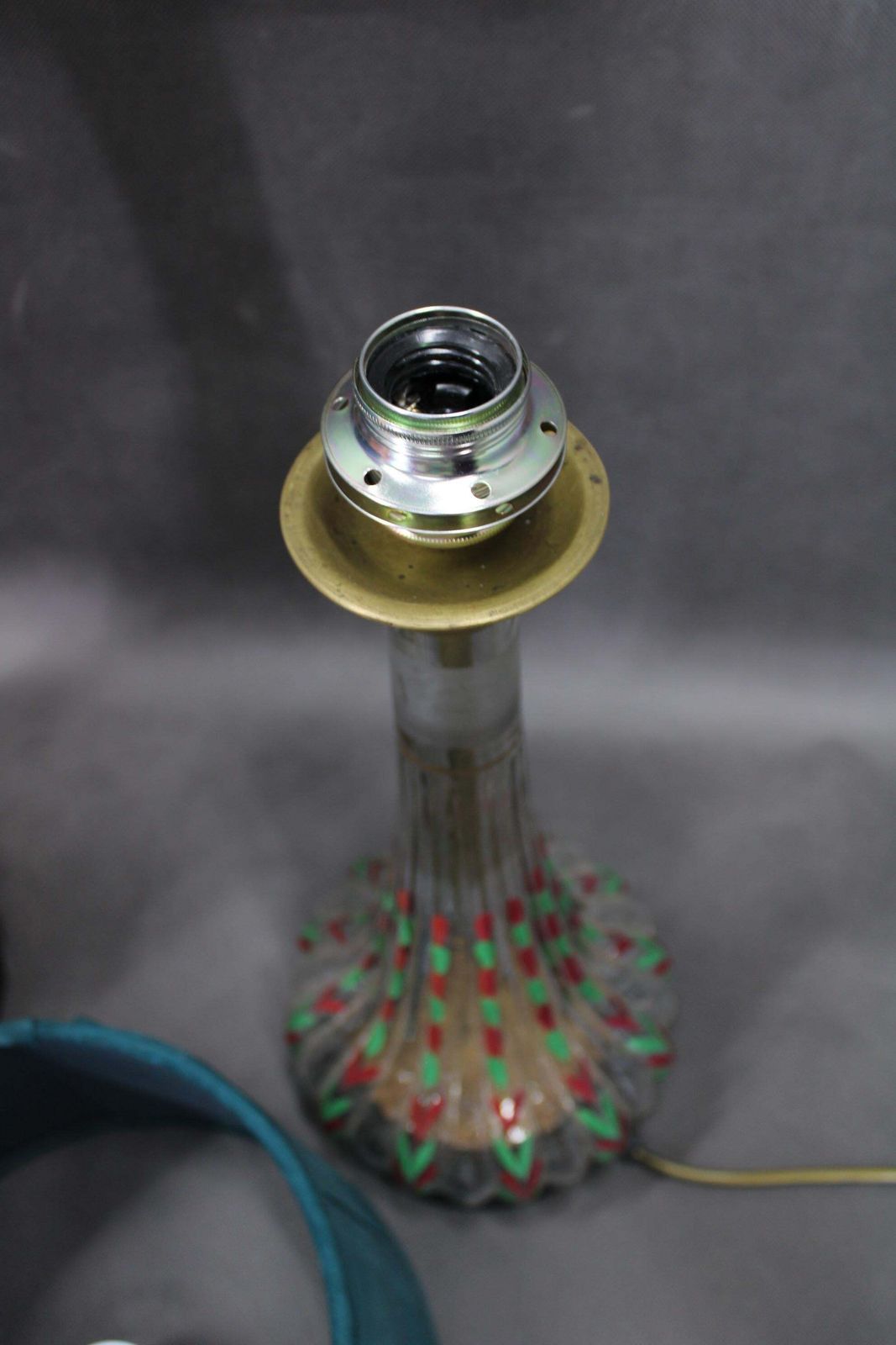 photo for sale 1960s Pair Of Hand Painted Glass Table Lamps With New Fabric Shade, Czechoslovak