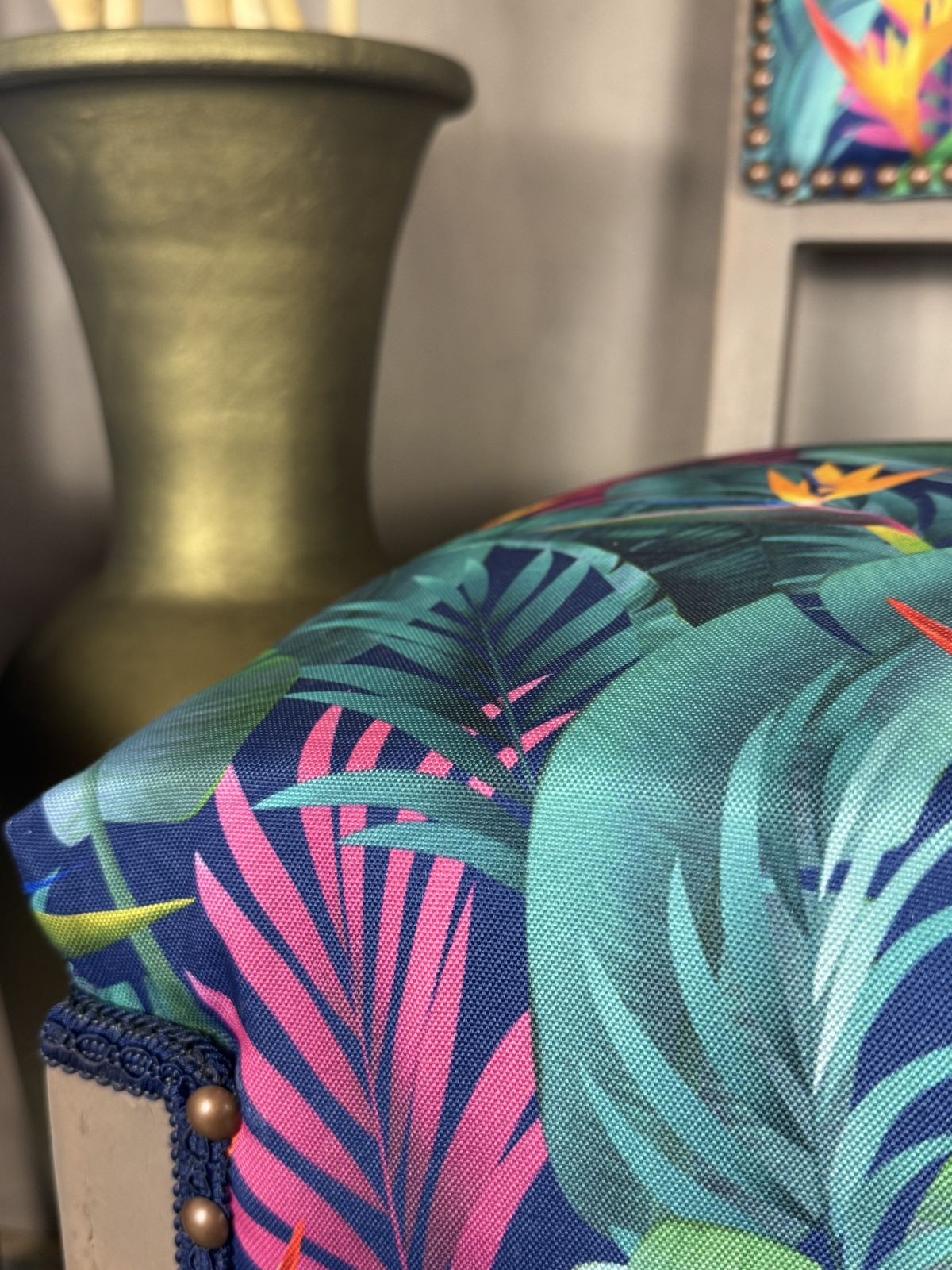 The Strelitzia Pair Hand Painted Vintage Chairs In Tropical Leaf Upholstery photo vinterior