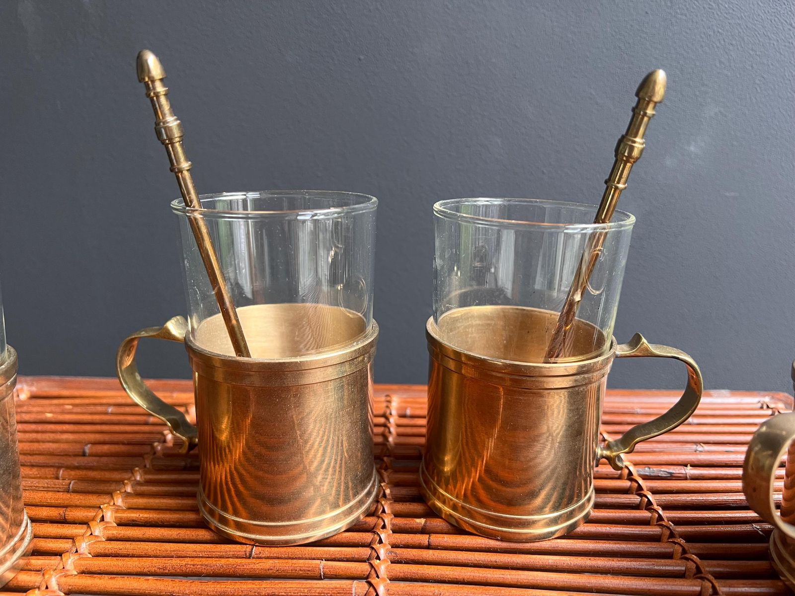photo furniture Vintage Copper Mugs Set Of 4, Gallo Schott Glass Inserts & Spoons, Châteaucore Barware, Medieval Modern Kitchen, Folk Art Aesthetic
