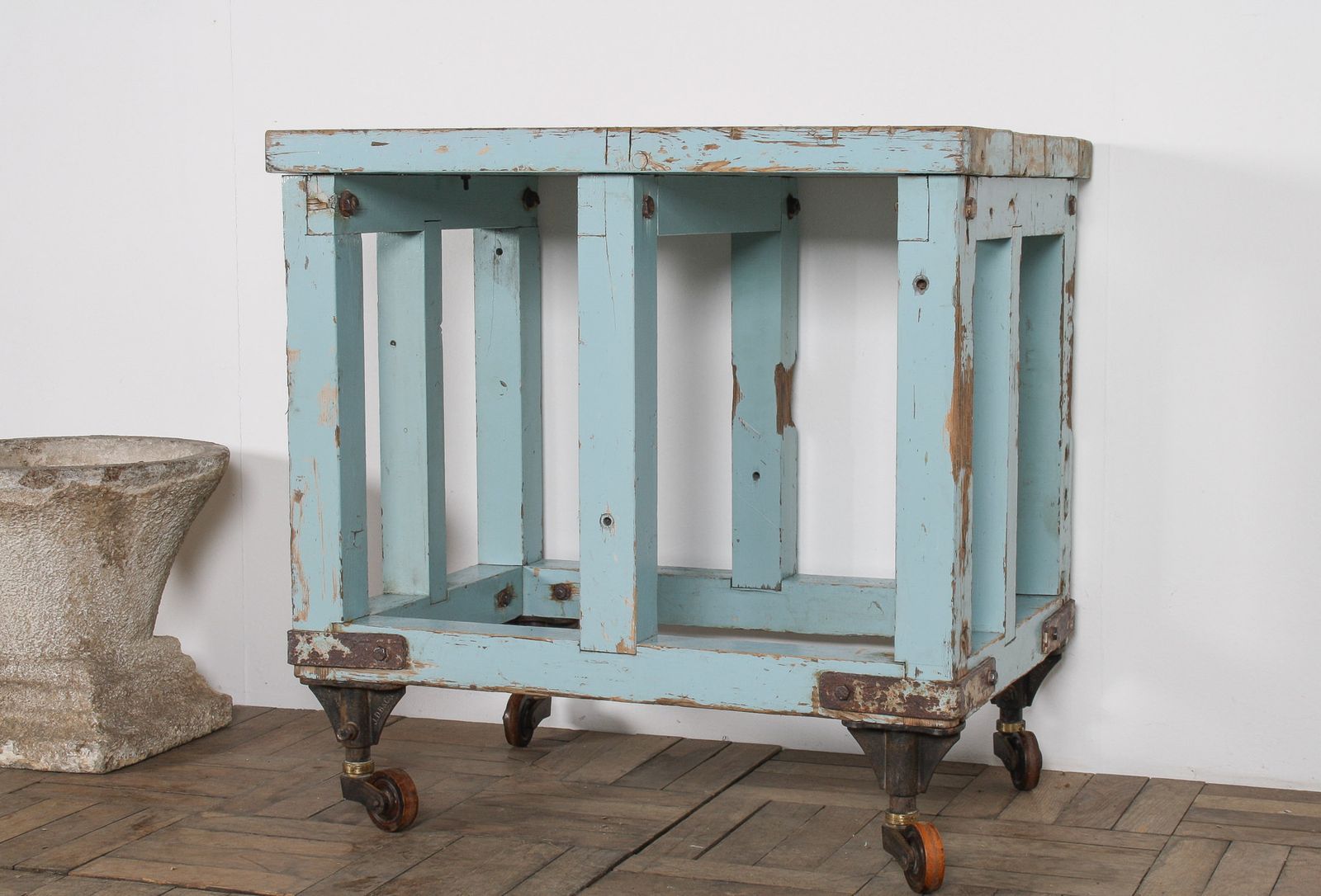 Small Rustic Patina Duck Egg Blue Industrial Bakery Worktop Table photo vinterior
