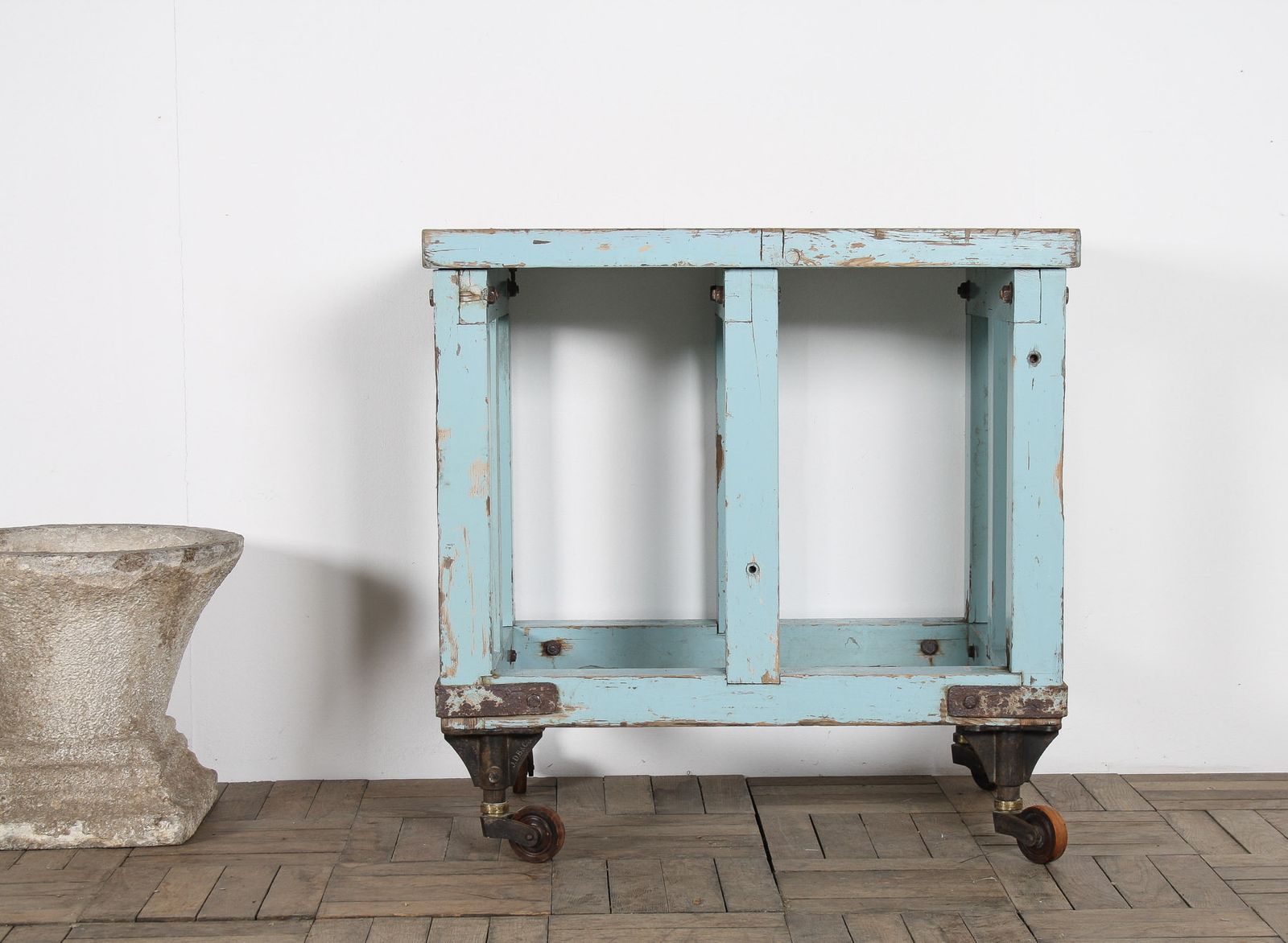 photo buy Small Rustic Patina Duck Egg Blue Industrial Bakery Worktop Table
