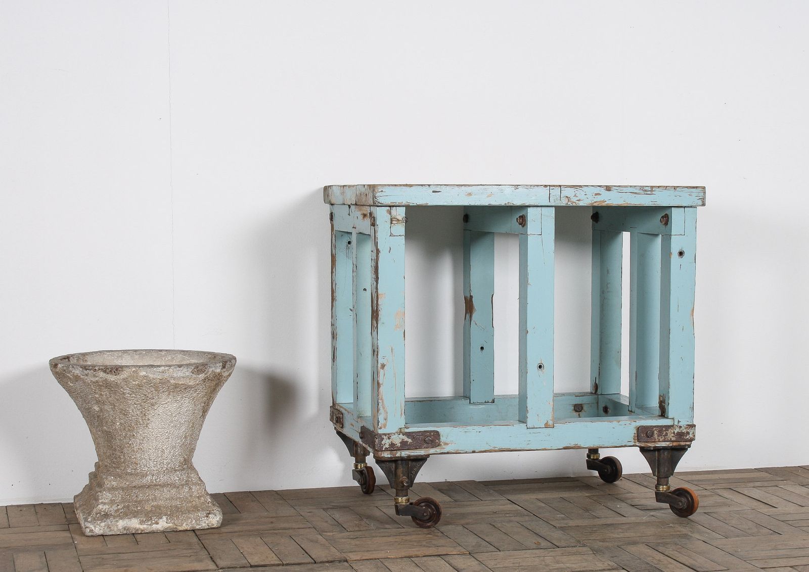 photo vintage Small Rustic Patina Duck Egg Blue Industrial Bakery Worktop Table