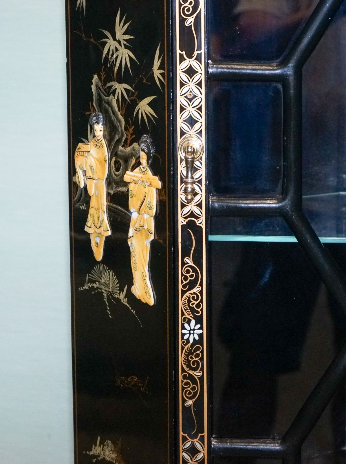 photo for sale Elegant Vintage Black Lacquered Corner Cabinet Mother Pearl & Gilt Inlay