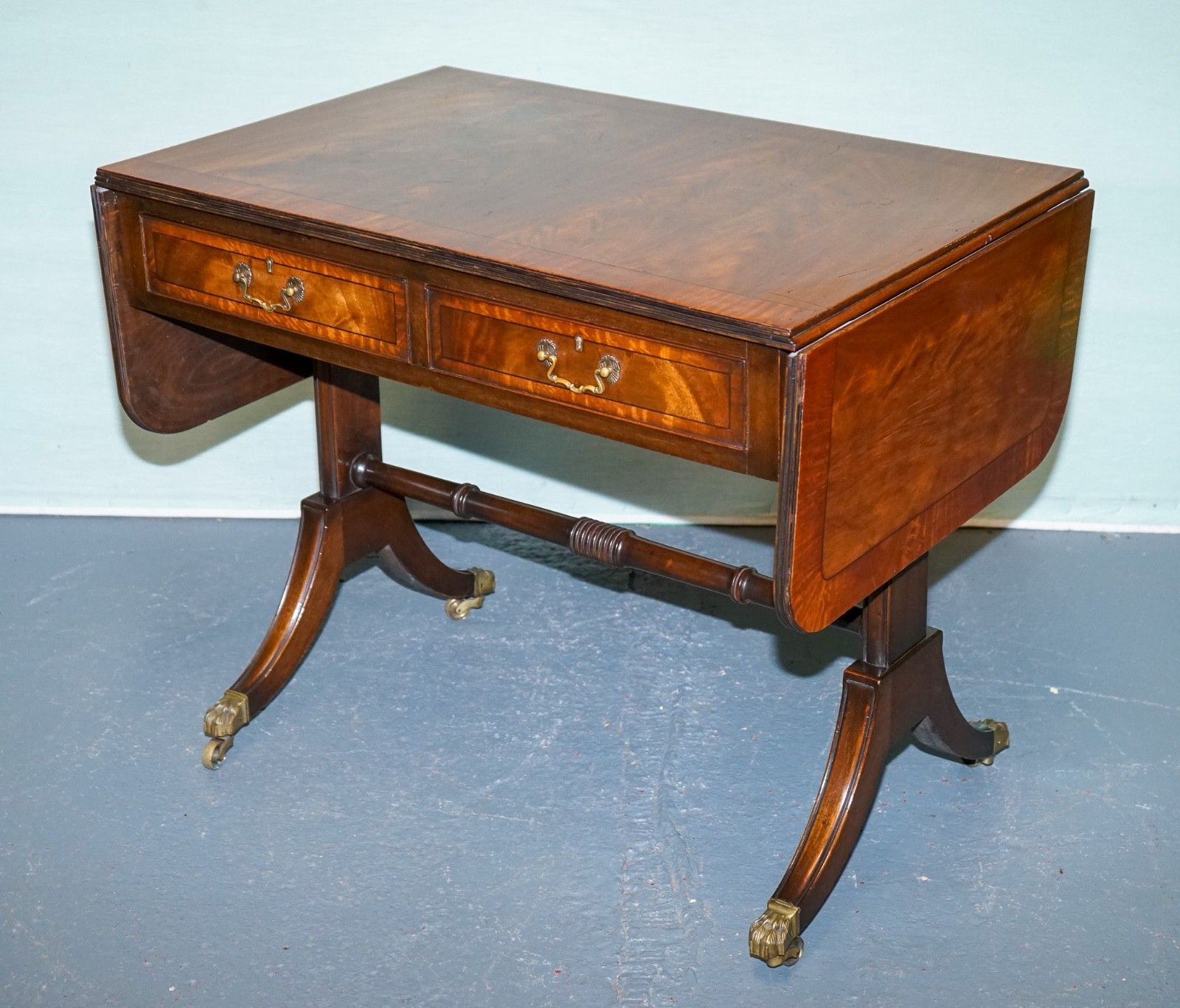 Vintage Hardwood Drop Leaf Side Table With Saber Legs And Brass Paw Feet photo furniture