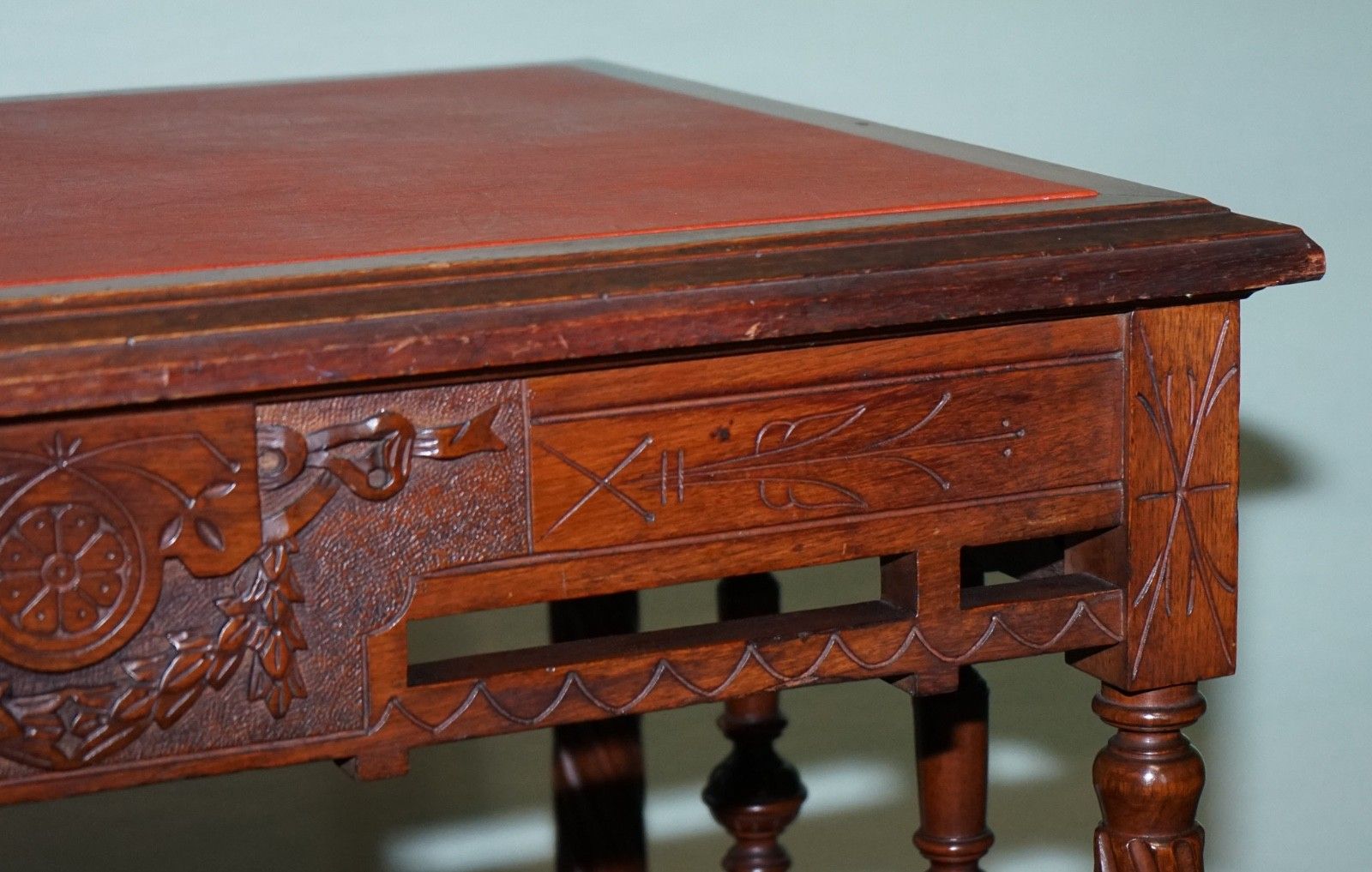 Furniture Late 19th Century Continental Carved Walnut Writing Table Leather Inlay Top photo