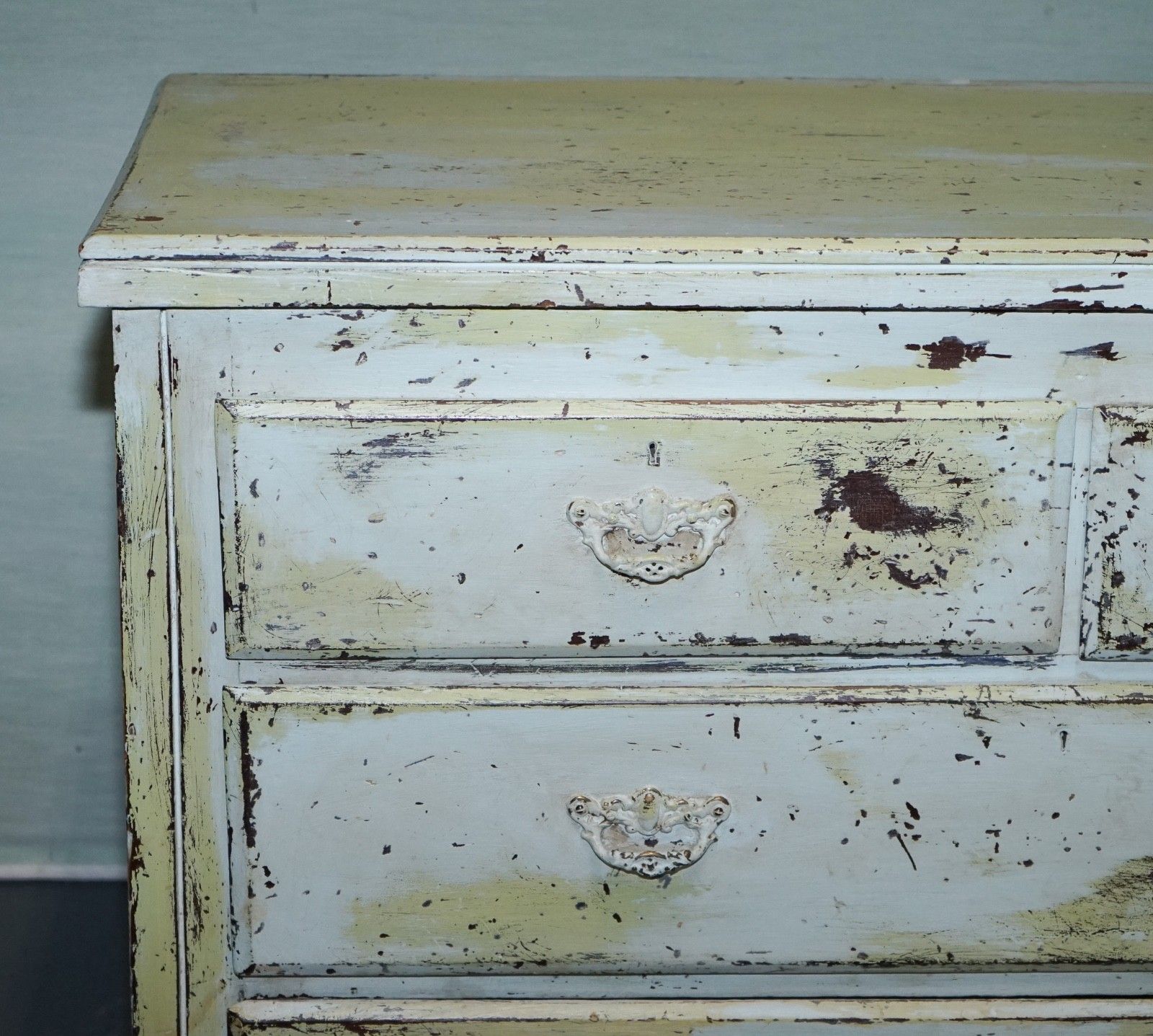 Antique Hand Painted Pale Pine Green Three Drawer Chest Of Drawers photo vinterior