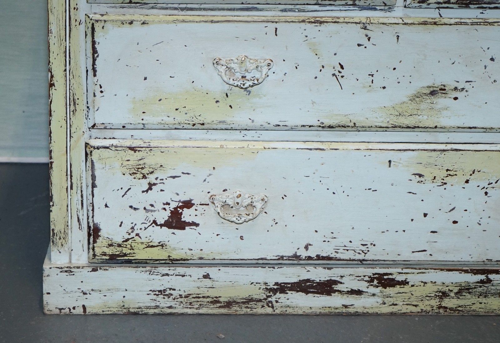 Antique Hand Painted Pale Pine Green Three Drawer Chest Of Drawers photo vintage