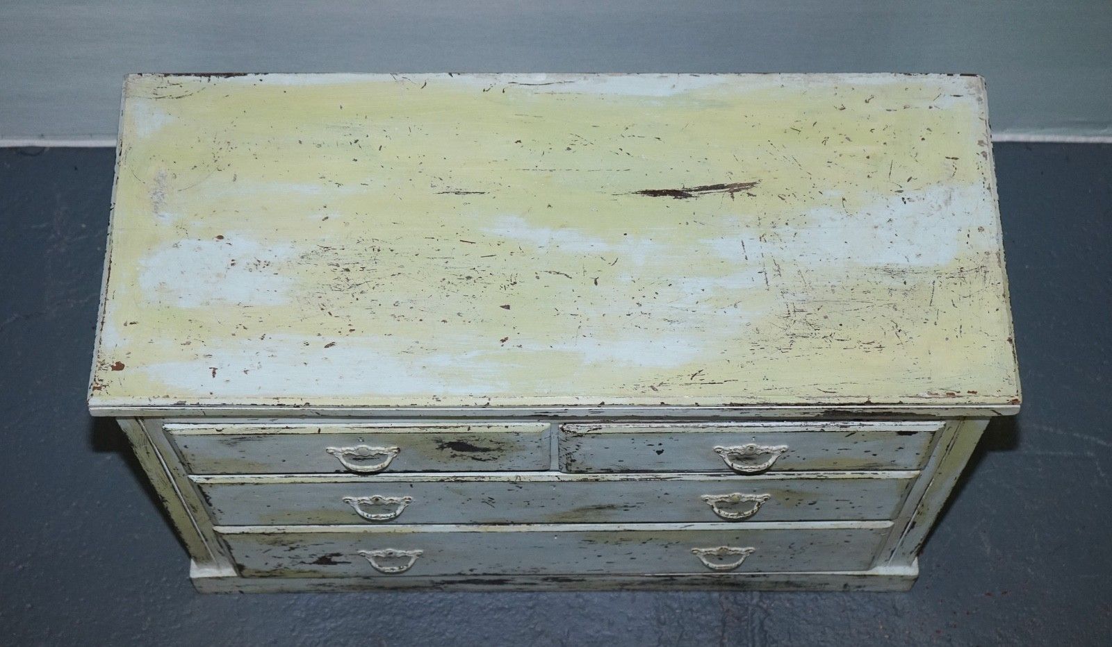 photo for sale Antique Hand Painted Pale Pine Green Three Drawer Chest Of Drawers